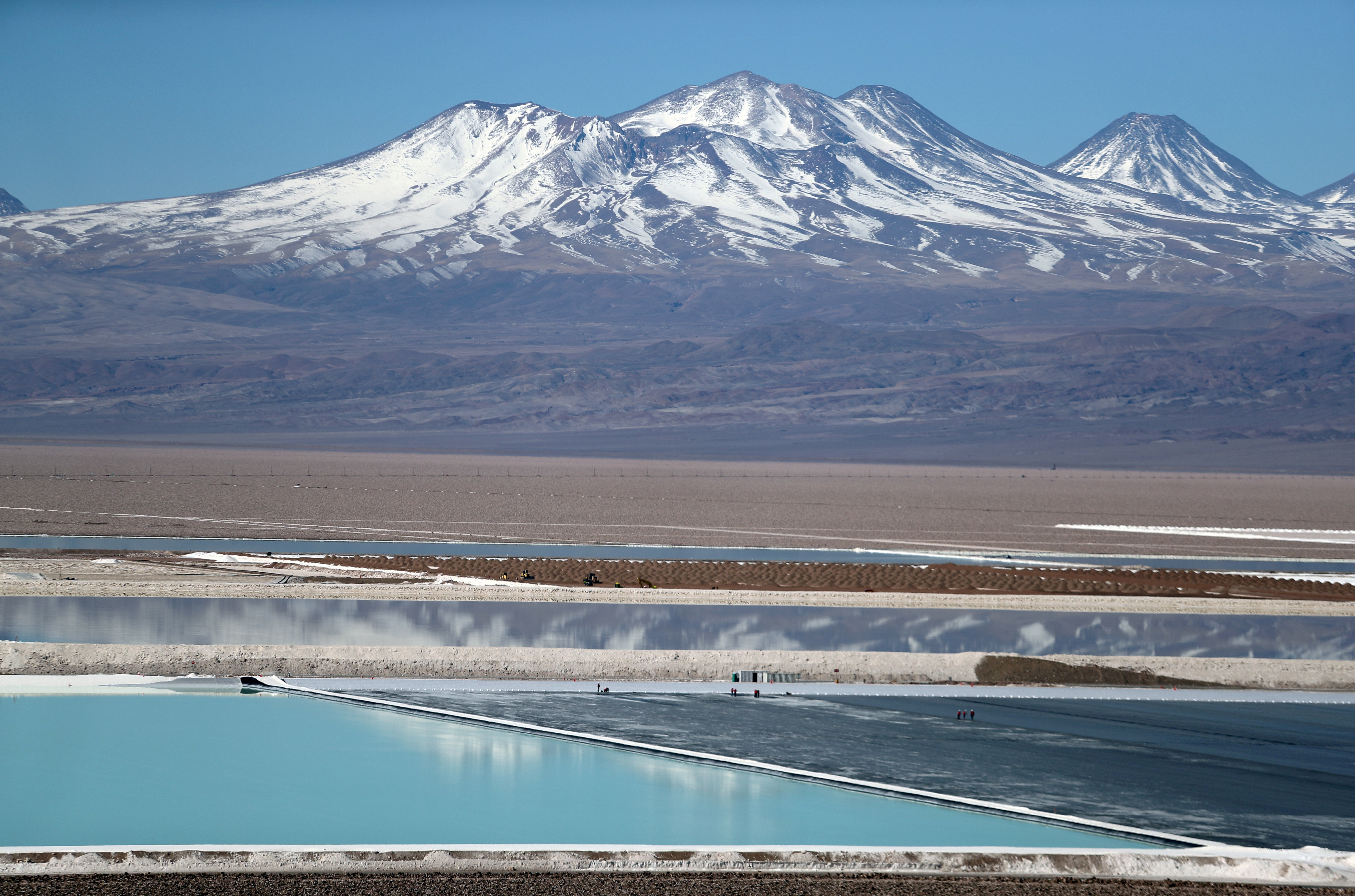 A view of a brine pool in a lithium mine on the Atacama salt flats