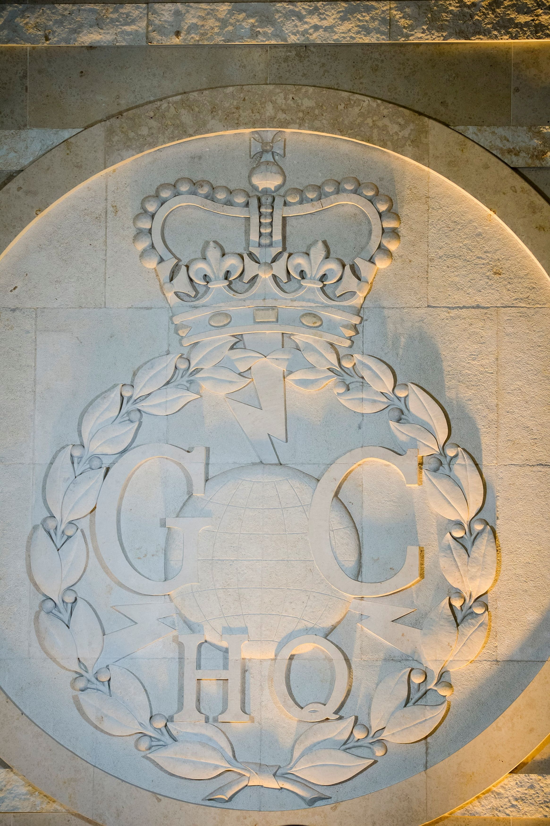 A GCHQ logo on a wall inside Britain's Government Communication Headquarters, in Cheltenham