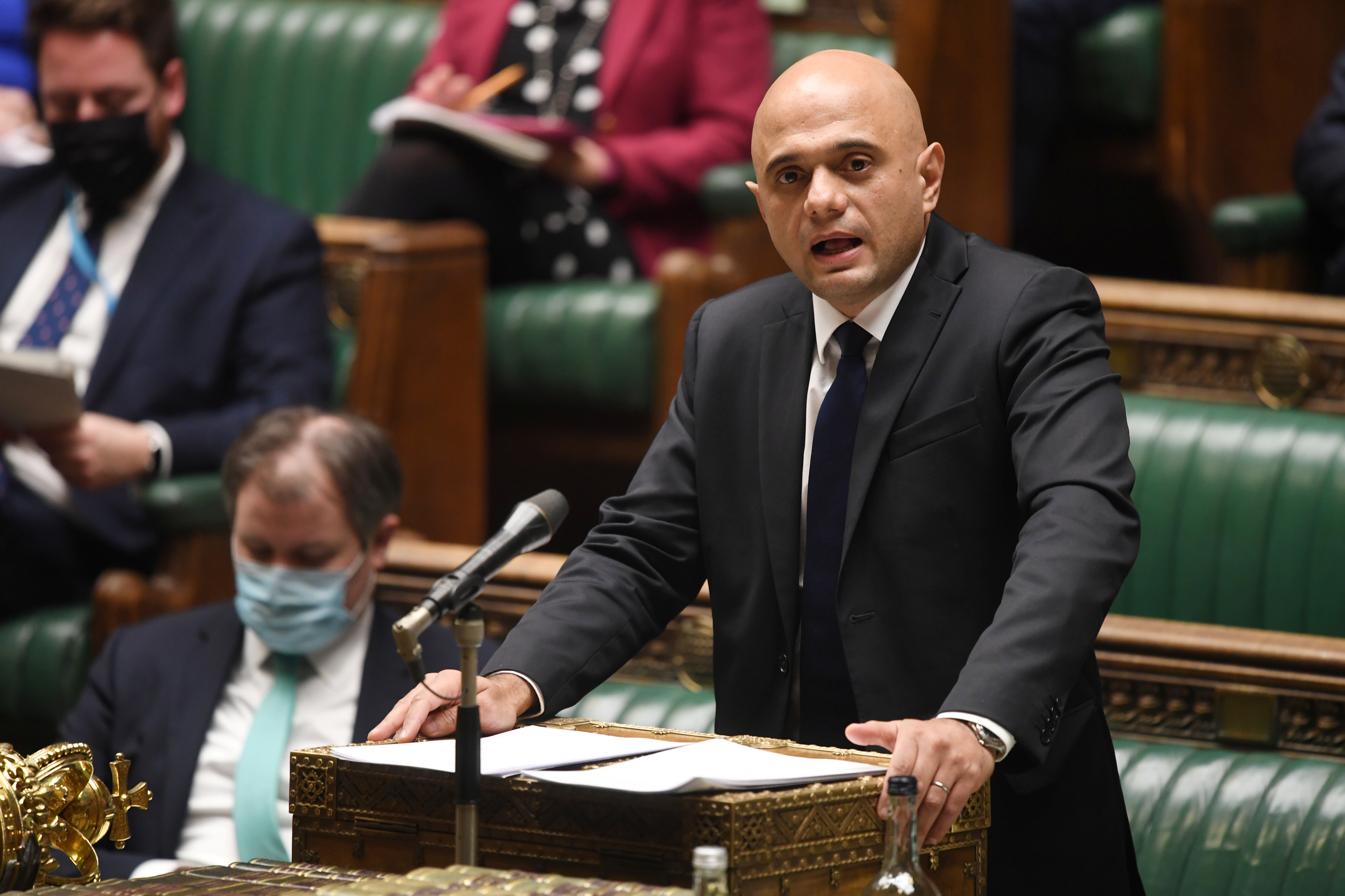 Britain's Health and Social Care Secretary Sajid Javid delivers COVID-19 situation update, at the House of Commons in London, Britain November 29, 2021. UK Parliament/Jessica Taylor/Handout via REUTERS 