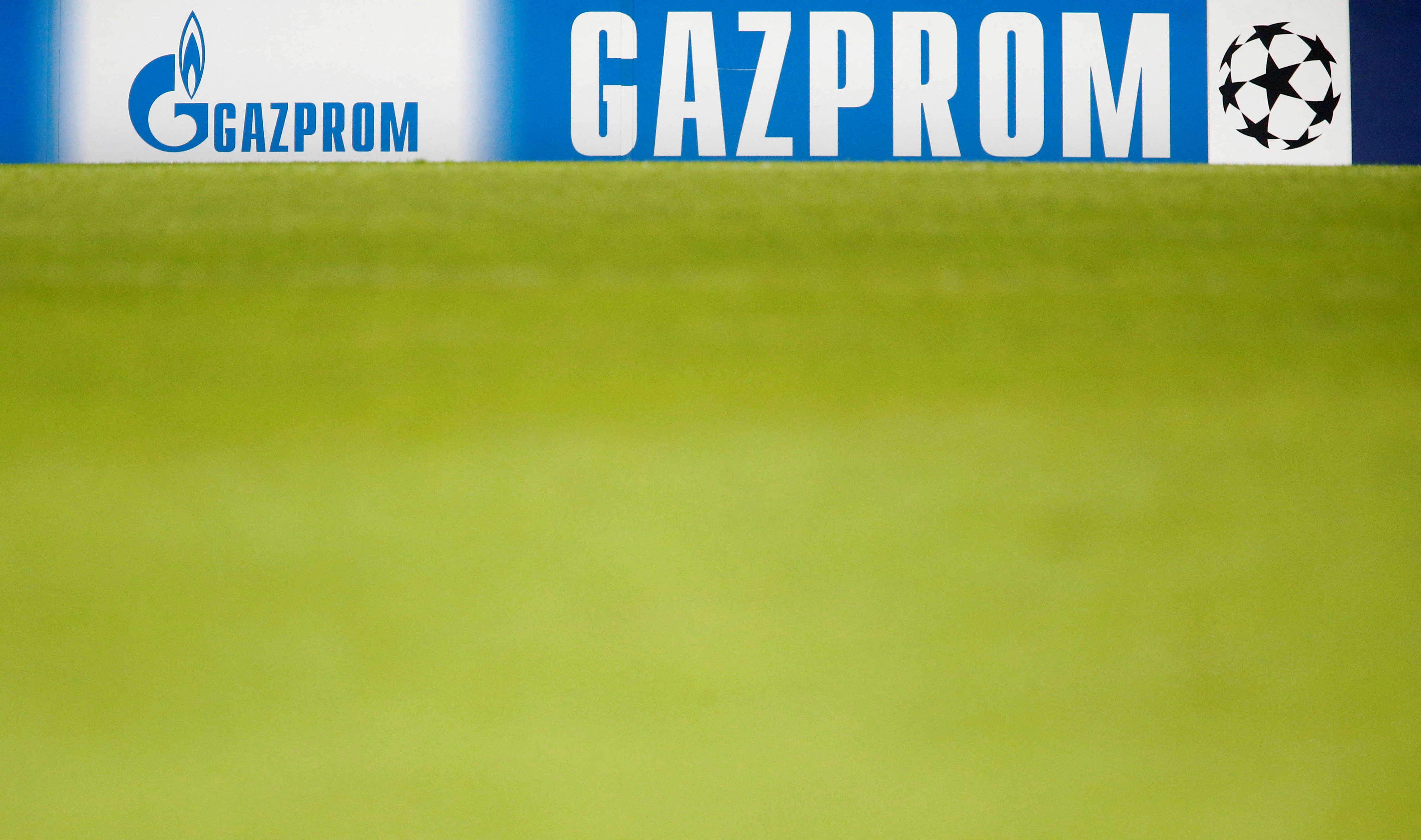 An advertising banner for Gazprom is seen after Champions League soccer match between Schalke 04 and Basel in Basel