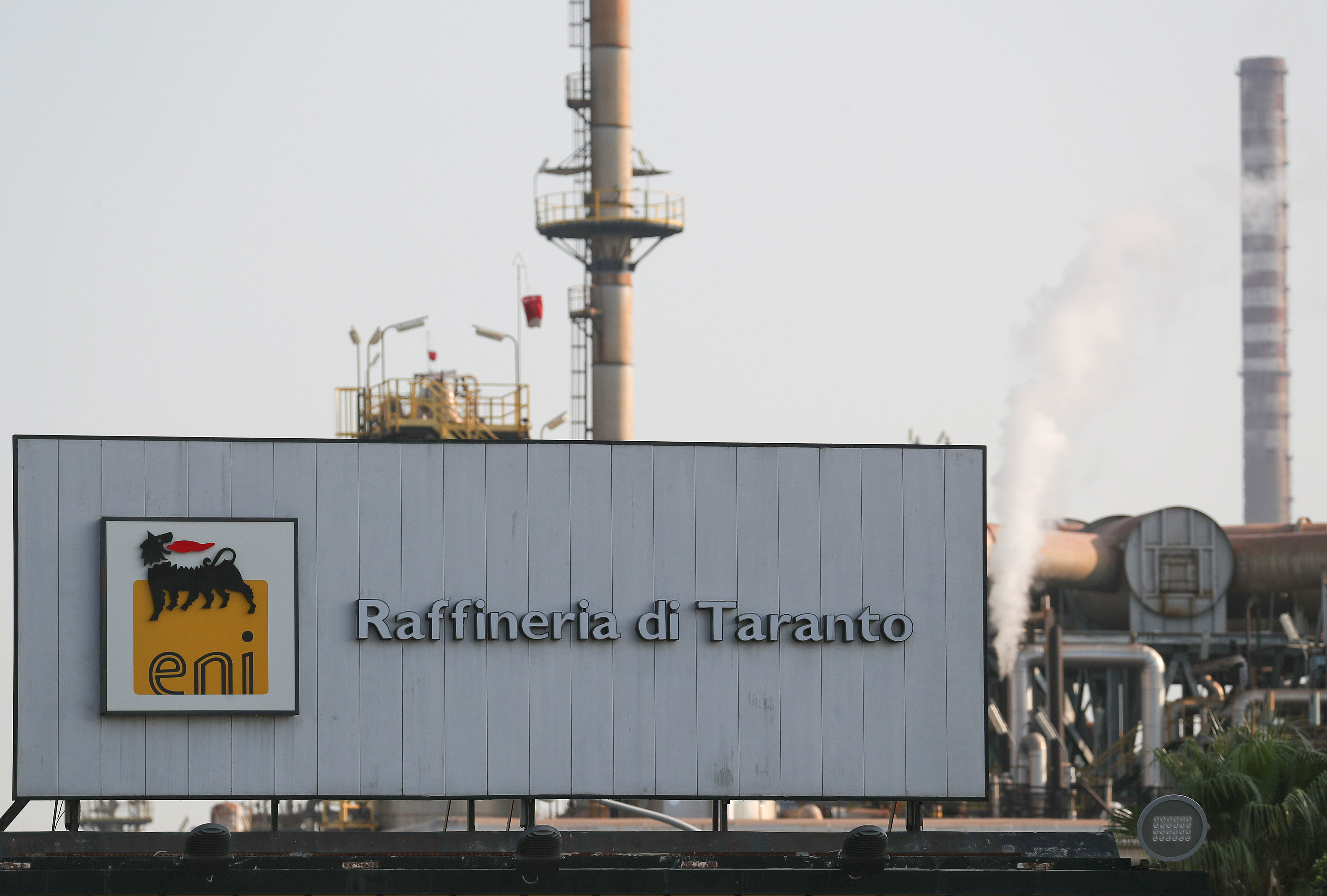 An entrance of the oil refinery of Eni is seen in Taranto