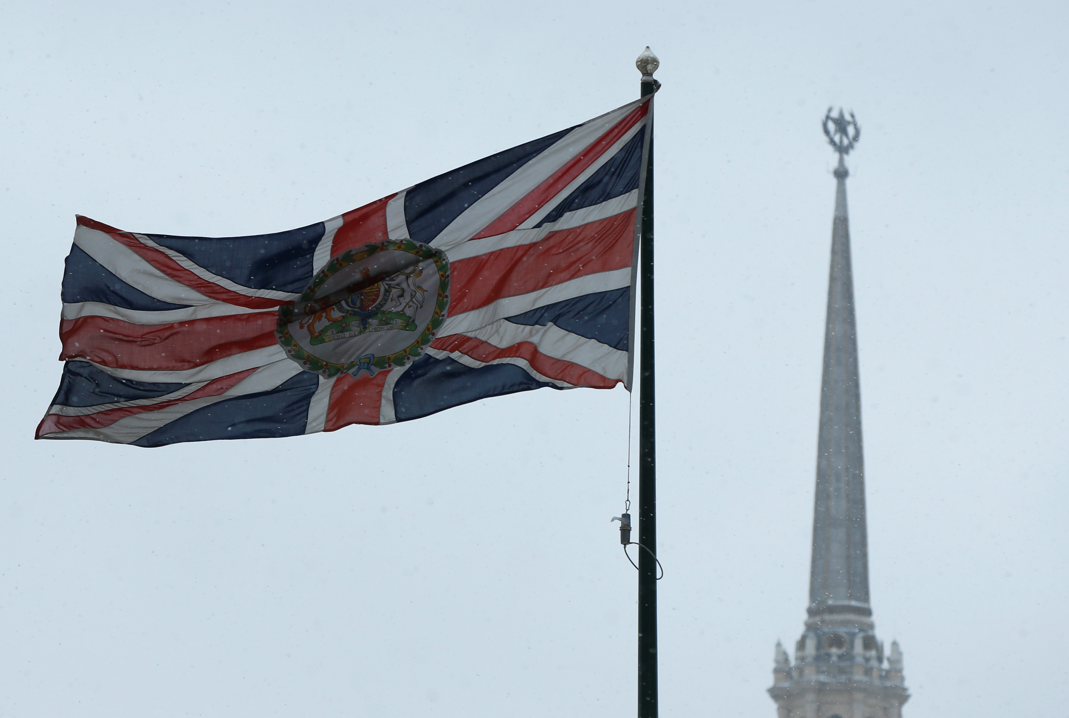 British flag flies next to the British embassy in Moscow
