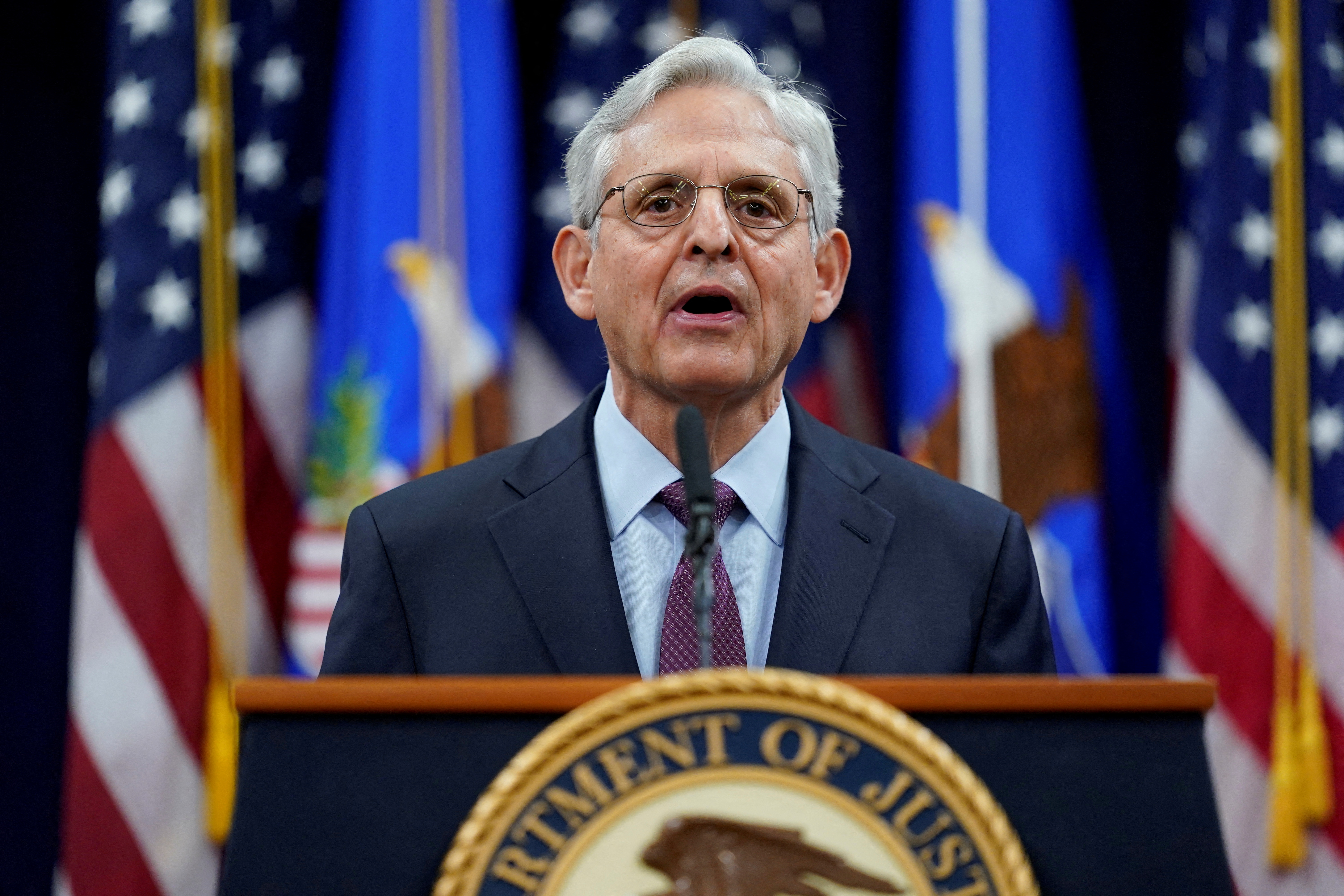 U.S. Attorney General Merrick Garland  speaks at the Department of Justice in Washington