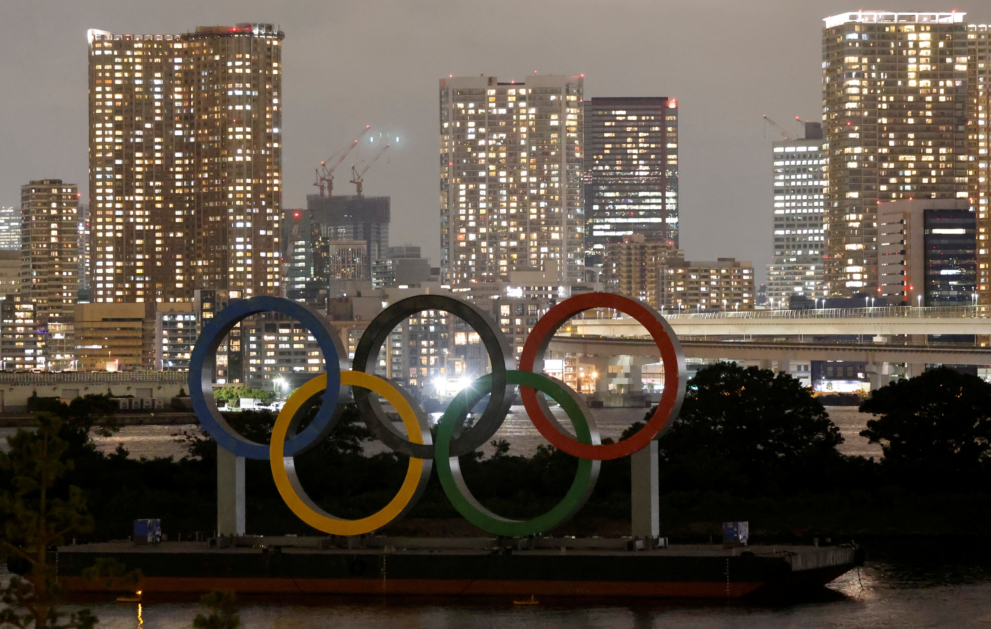 The Olympic Rings installed on a floating platform are seen ahead of the 2020 Tokyo Olympic Games in Tokyo