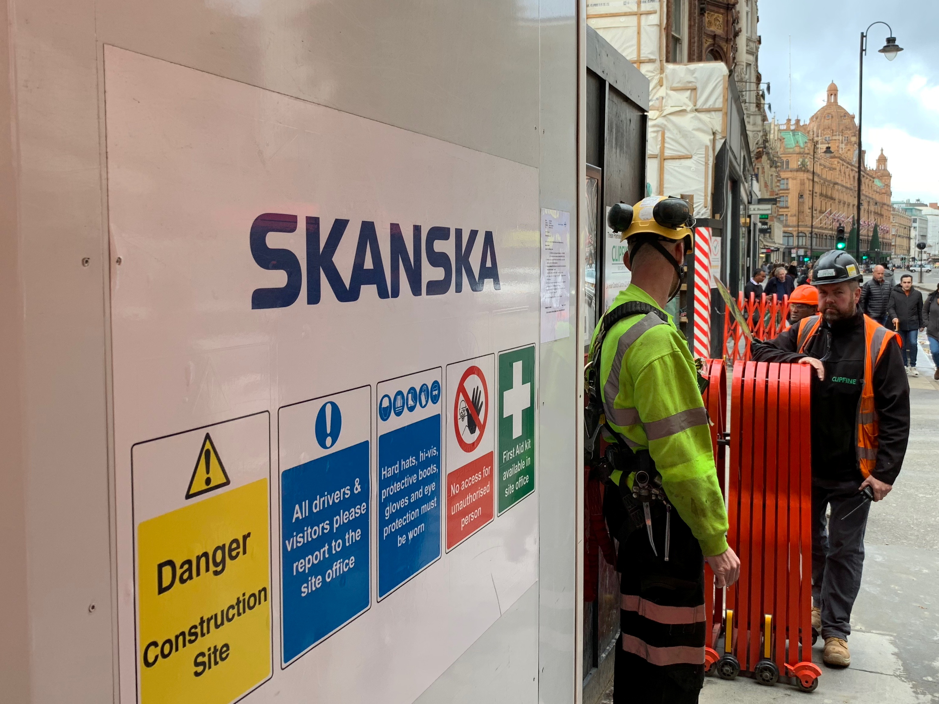 Swedish builder Skanska sign is seen at the building site on Brompton Road in London