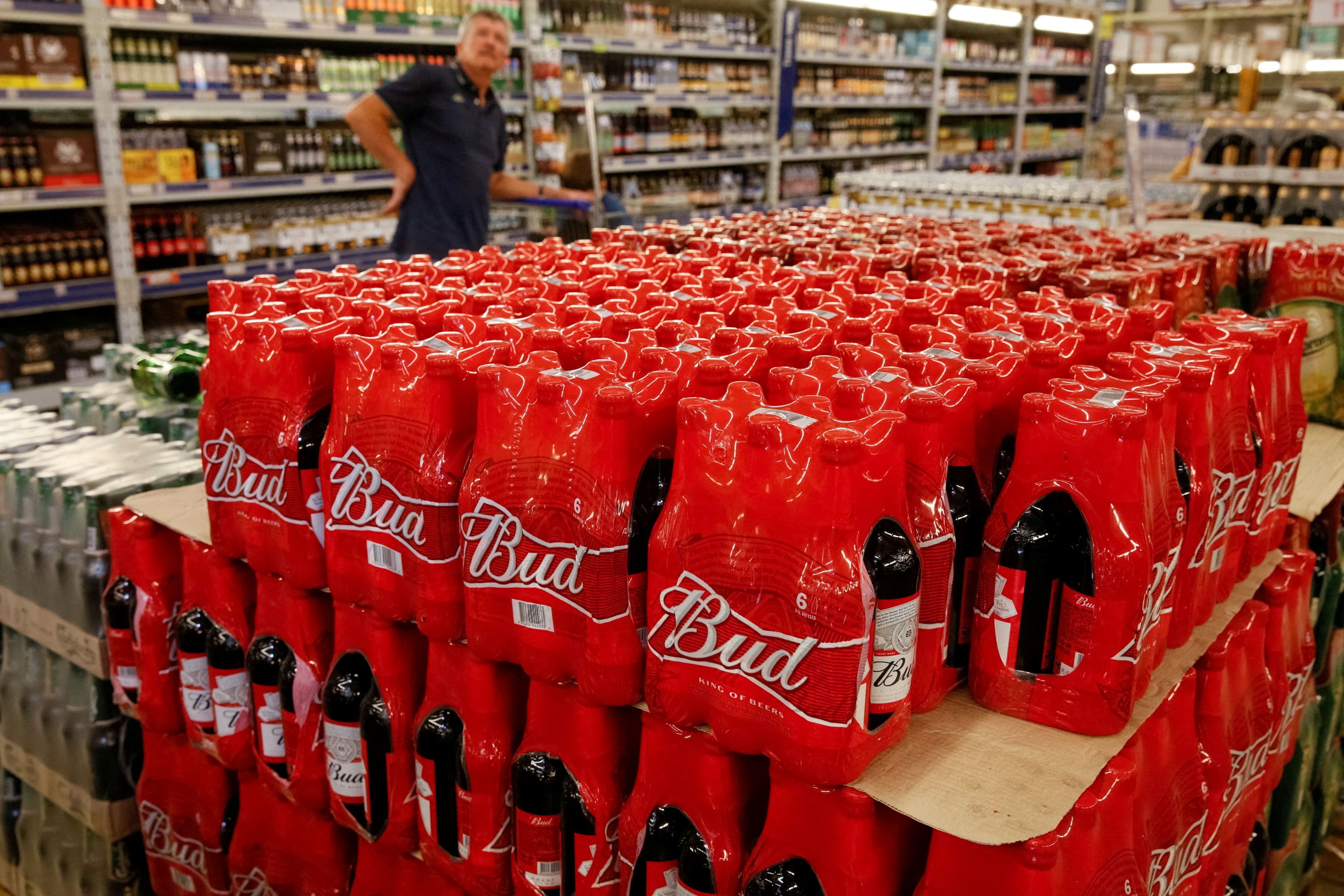 Packs of Bud beer are displayed for sale at Metro cash and carry store in Kiev