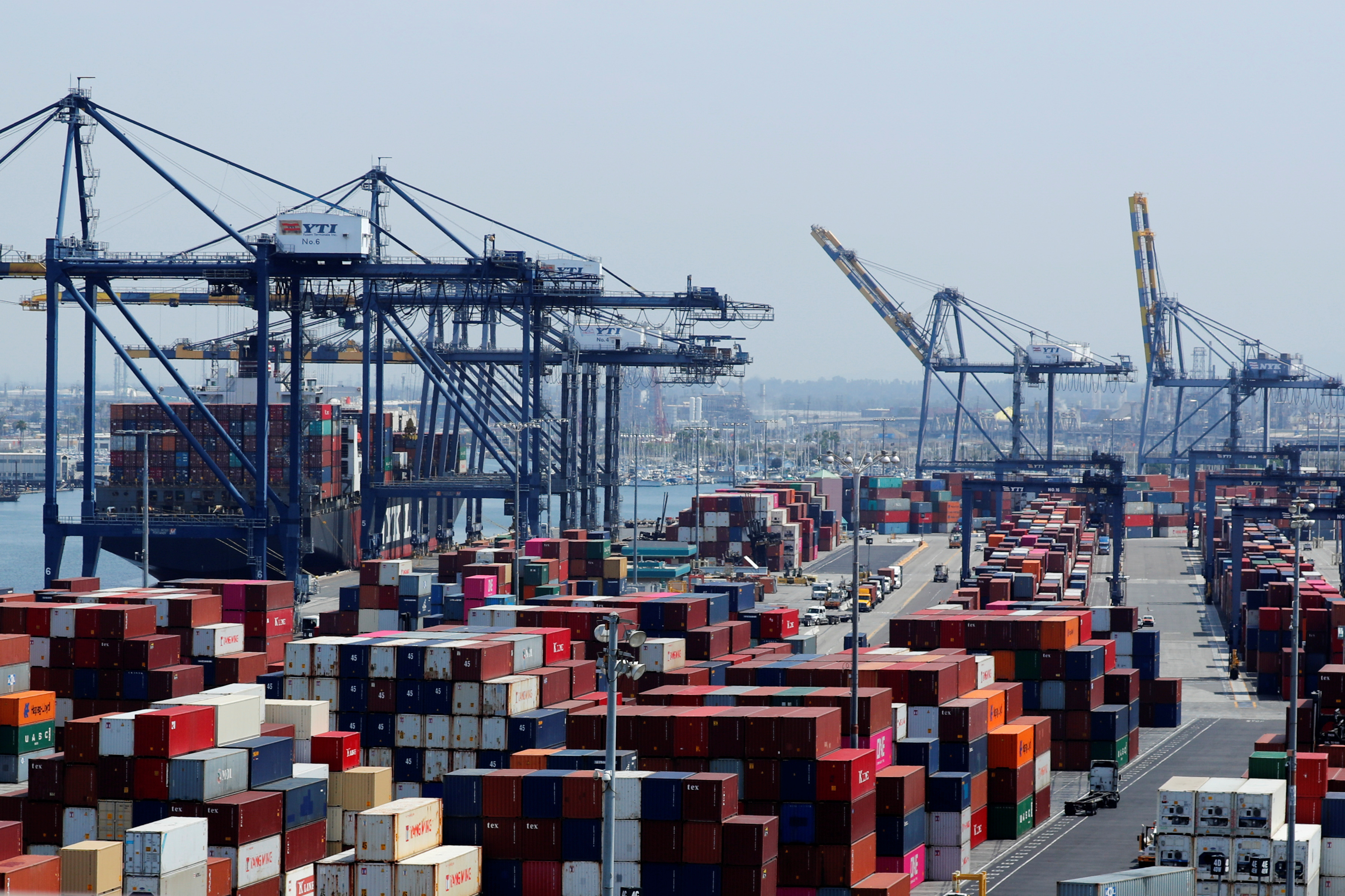 Ship and containers are shown at the port of Los Angeles in Los Angeles, California,