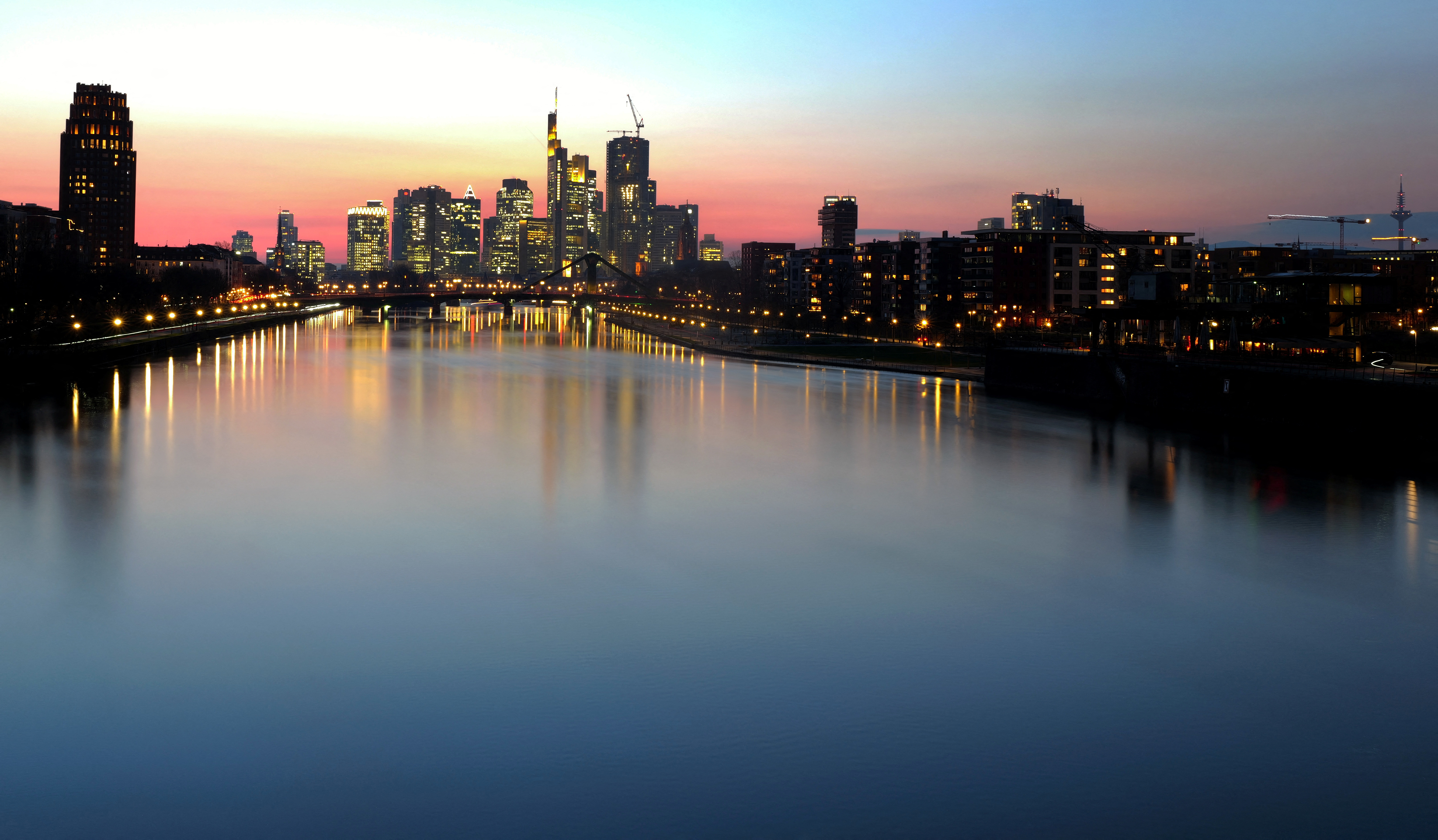 The skyline with the banking district is seen during sunset in Frankfurt