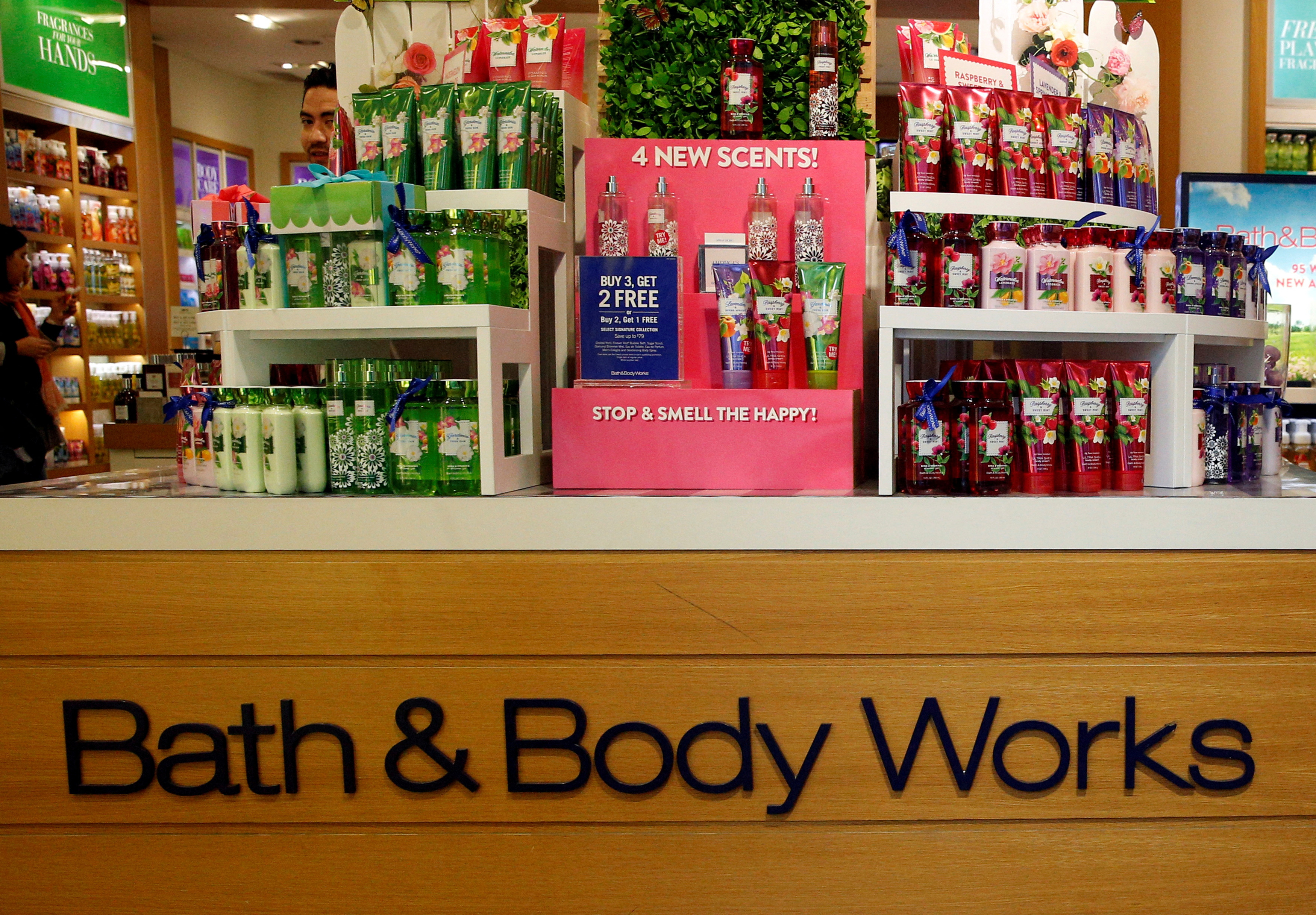 Products are displayed in L Brands Inc., Bath & Body Works retail store in Manhattan, New York
