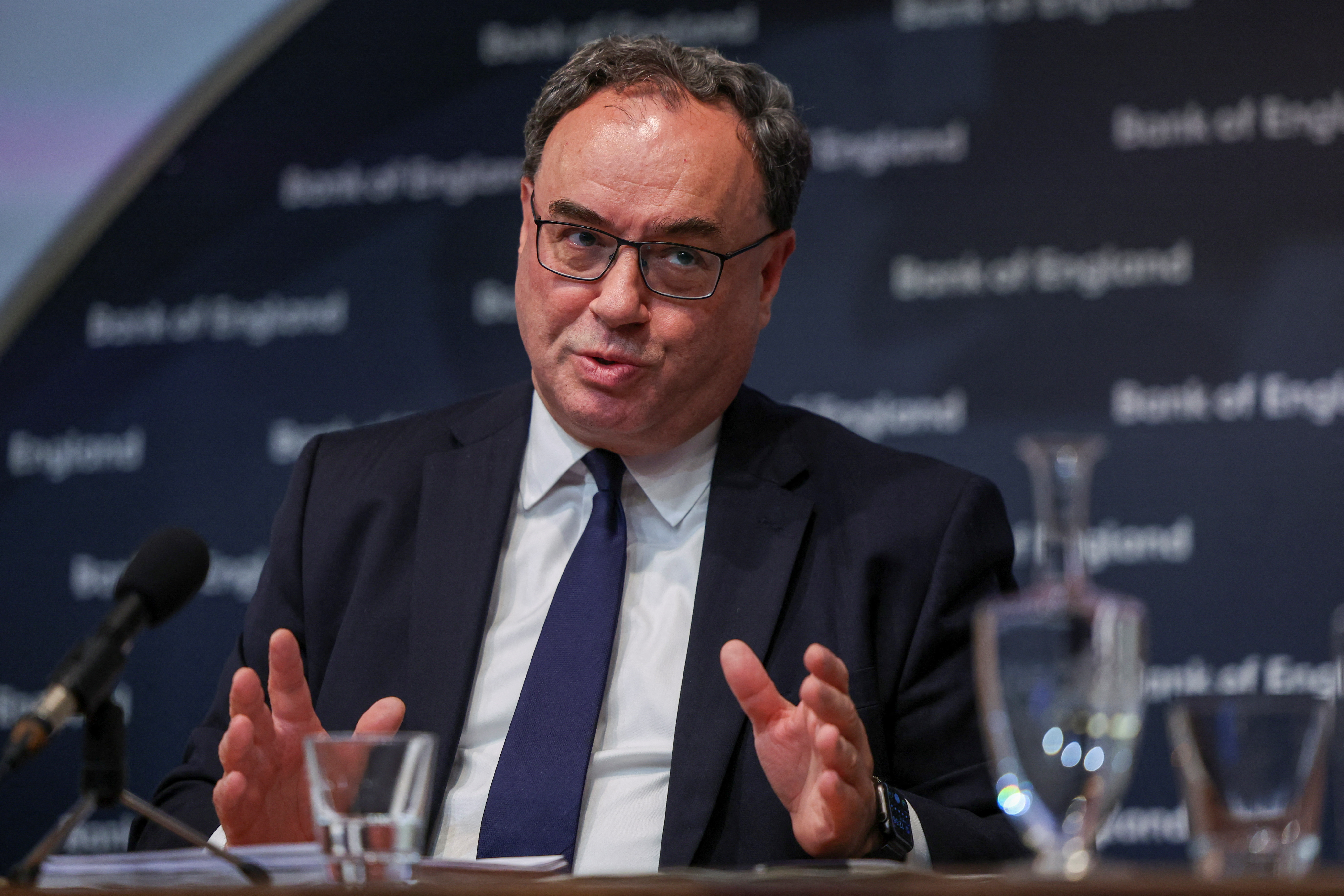 Governor of the Bank of England Andrew Bailey holds a press conference in London