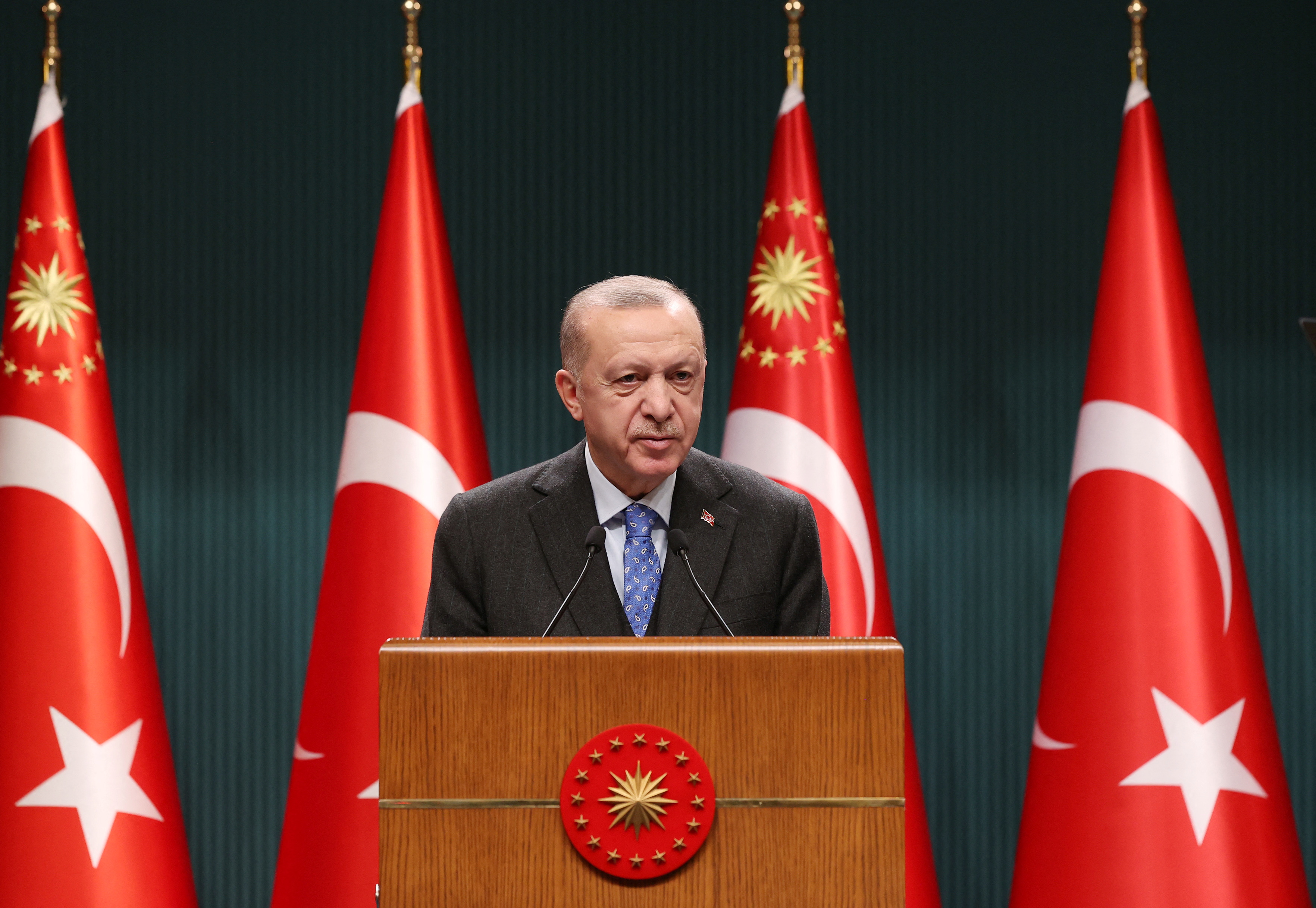 Turkish President Erdogan speaks following a cabinet meeting in Ankara