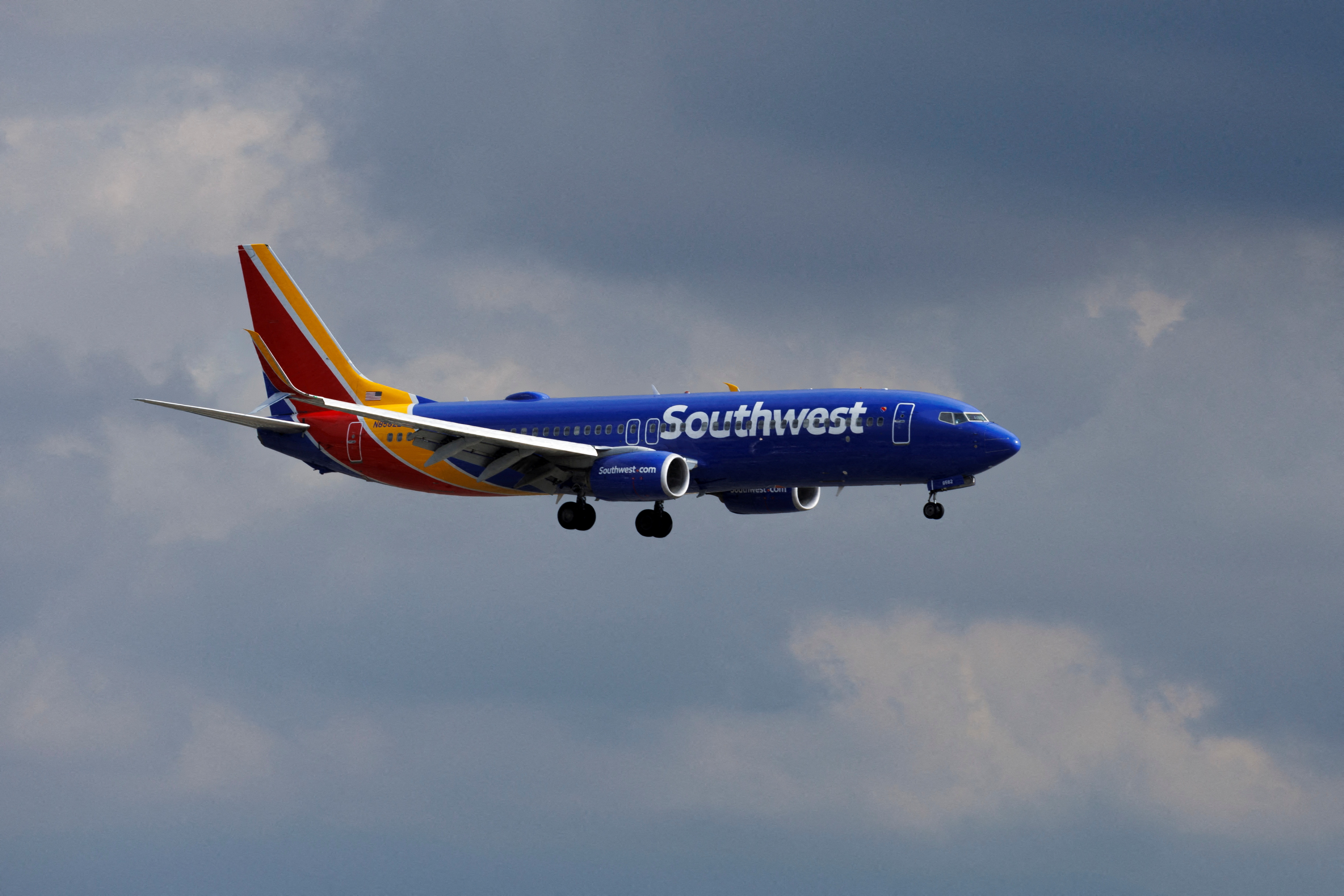 A Southwest Airlines commercial aircraft approaches to land at John Wayne Airport in Santa Ana, California