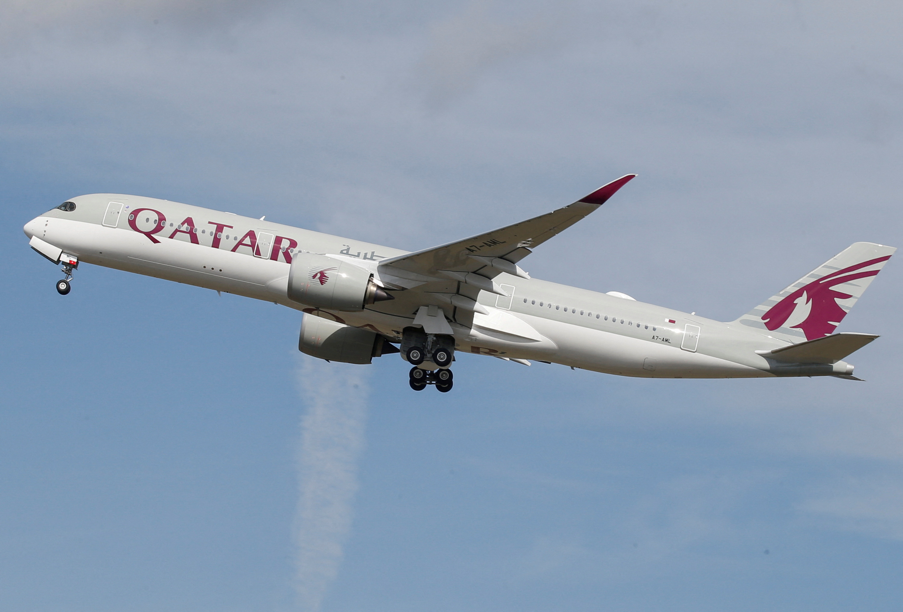 A Qatar Airways aircraft takes off at the aircraft builder's headquarters of Airbus in Colomiers near Toulouse