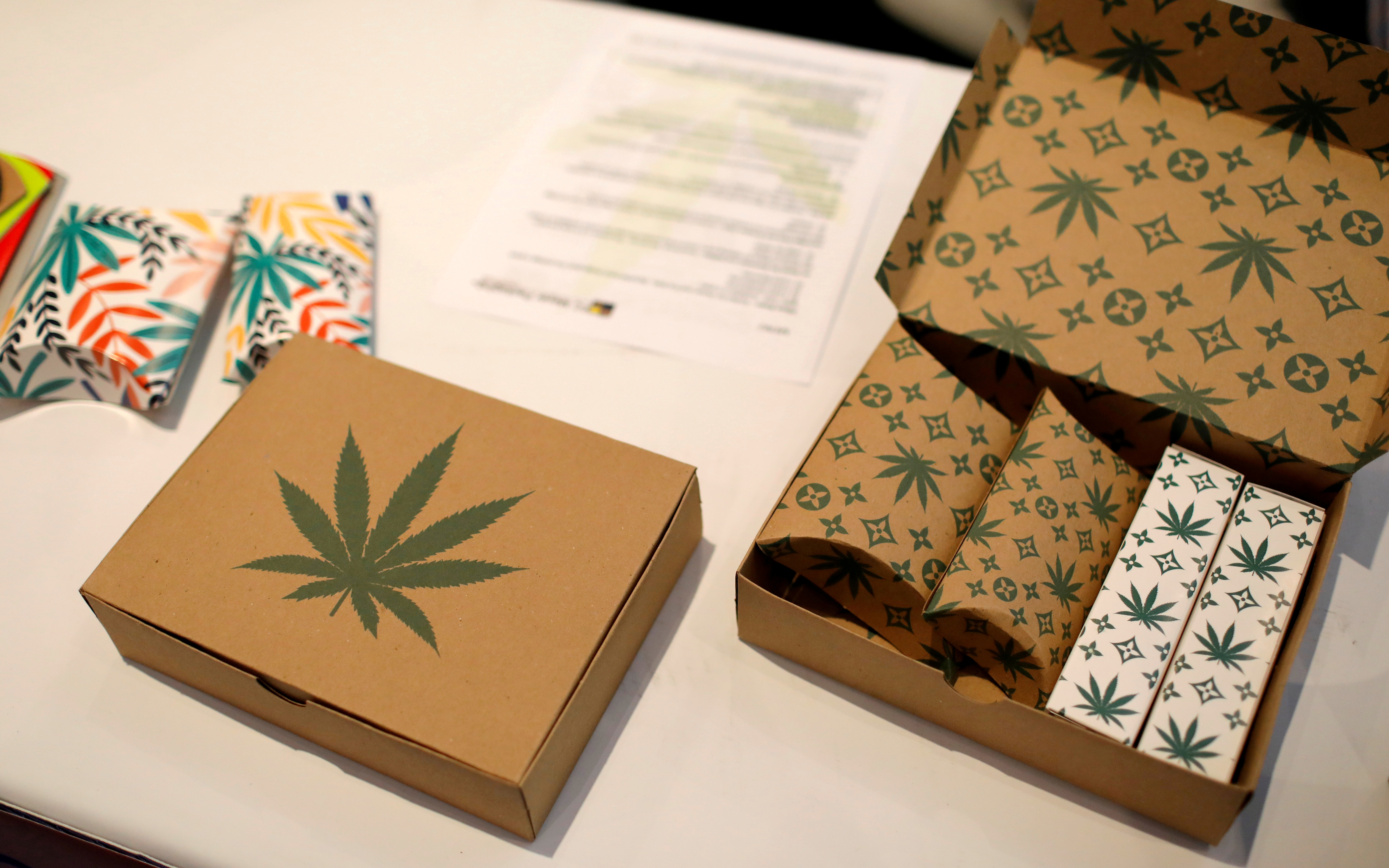 Cannabis product boxes are displayed at The Cannabis World Congress & Business Exposition (CWCBExpo) trade show in New York City, New York, U.S., May 30, 2019. REUTERS/Mike Segar/File Photo/File Photo
