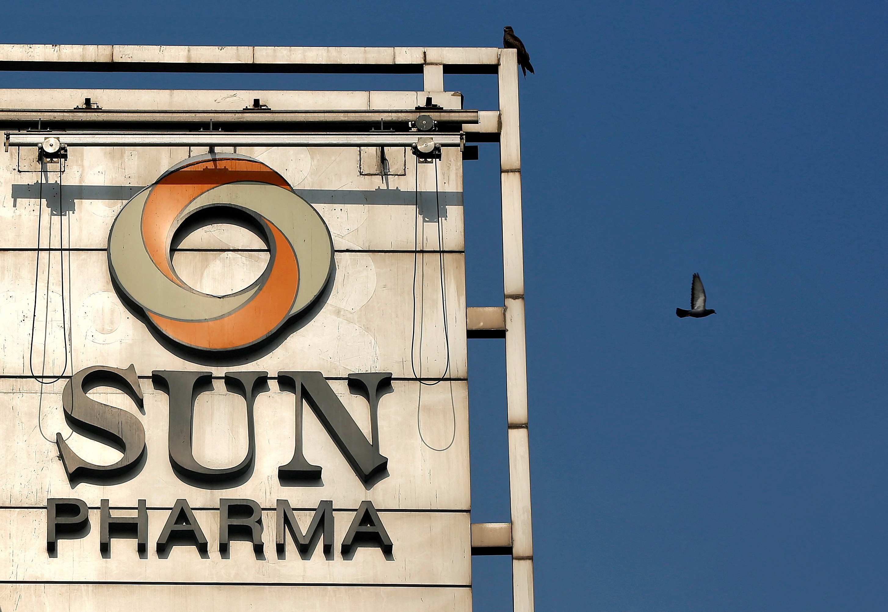 The logo of Sun Pharma on the facade of its corporate office in Mumbai