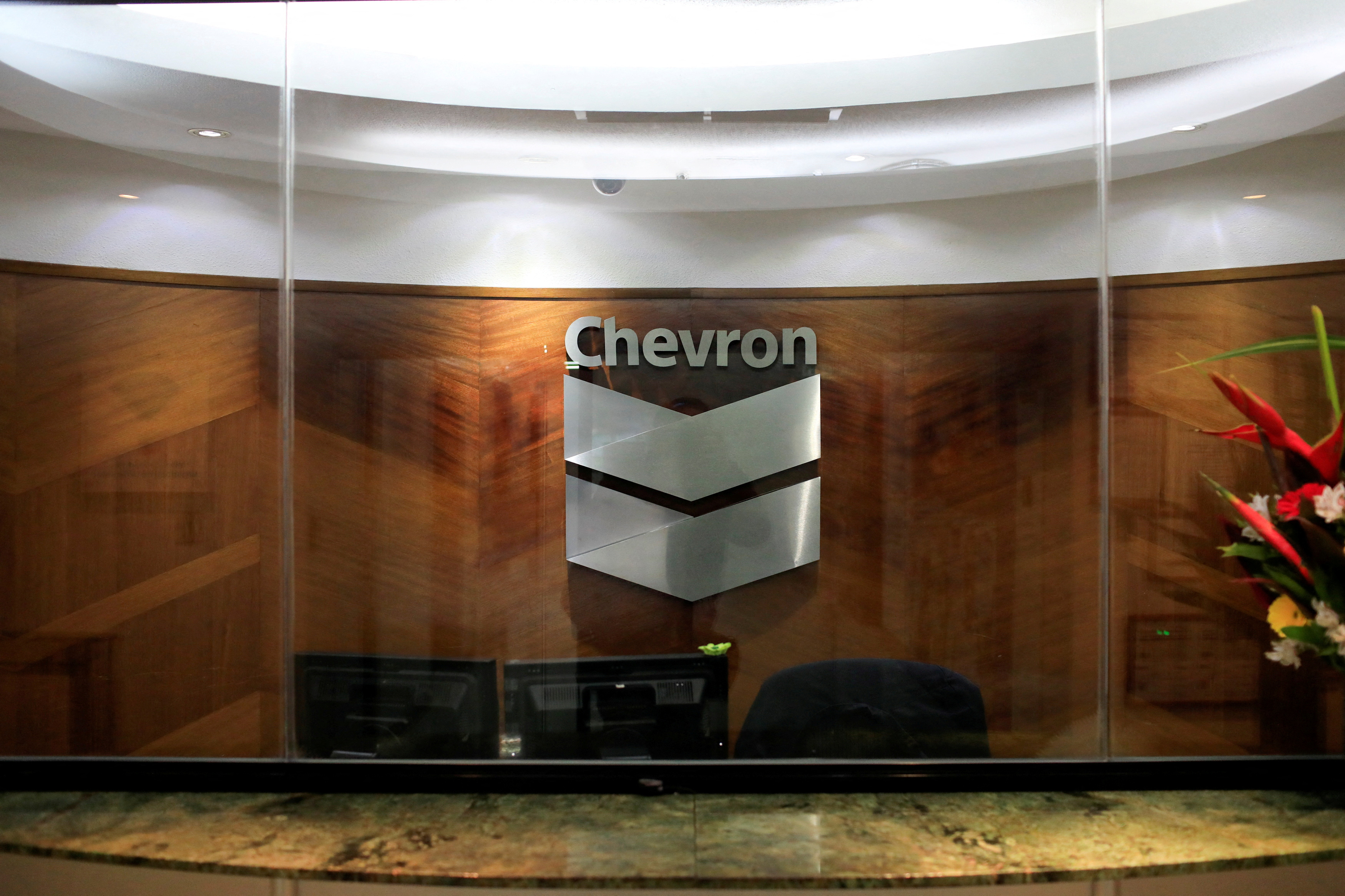 The logo of Chevron is seen at the company's office in Caracas