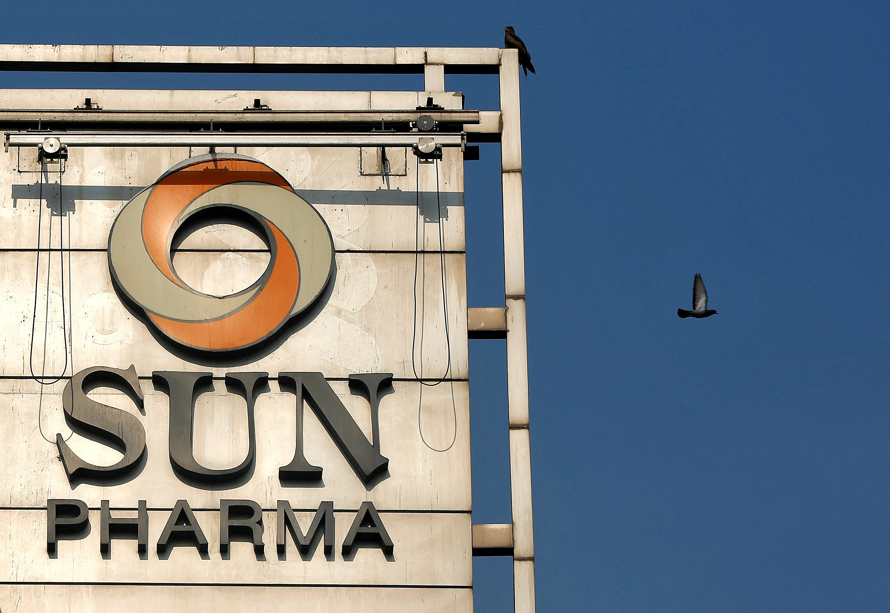 A bird flies past the logo of Sun Pharma installed on the facade of its corporate office in Mumbai