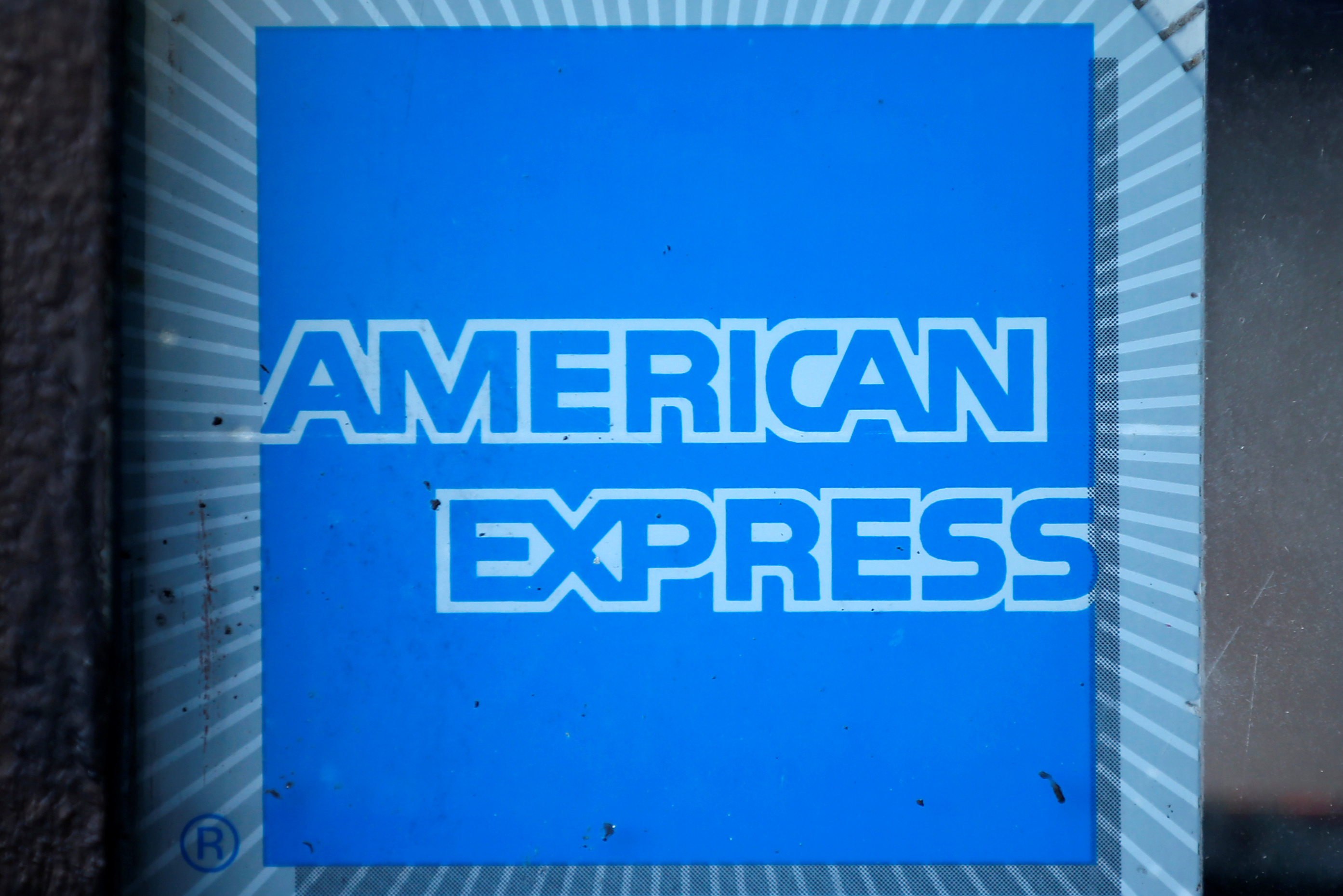 The logo of Dow Jones Industrial Average stock market index listed company American Express (AXP) is seen in Los Angeles