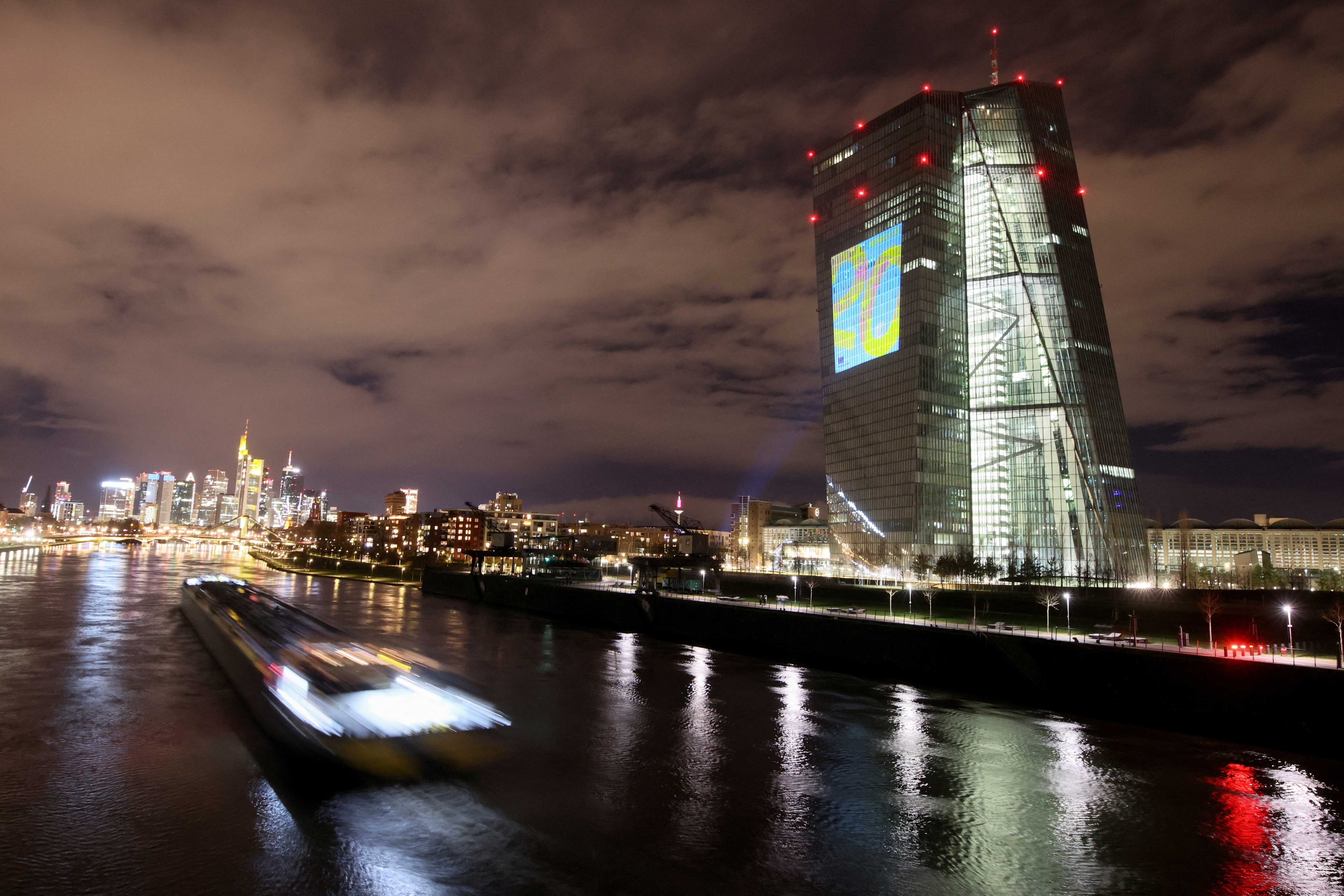 Preview of the illumination at ECB headquarters for the Euro's 20th anniversary in Frankfurt