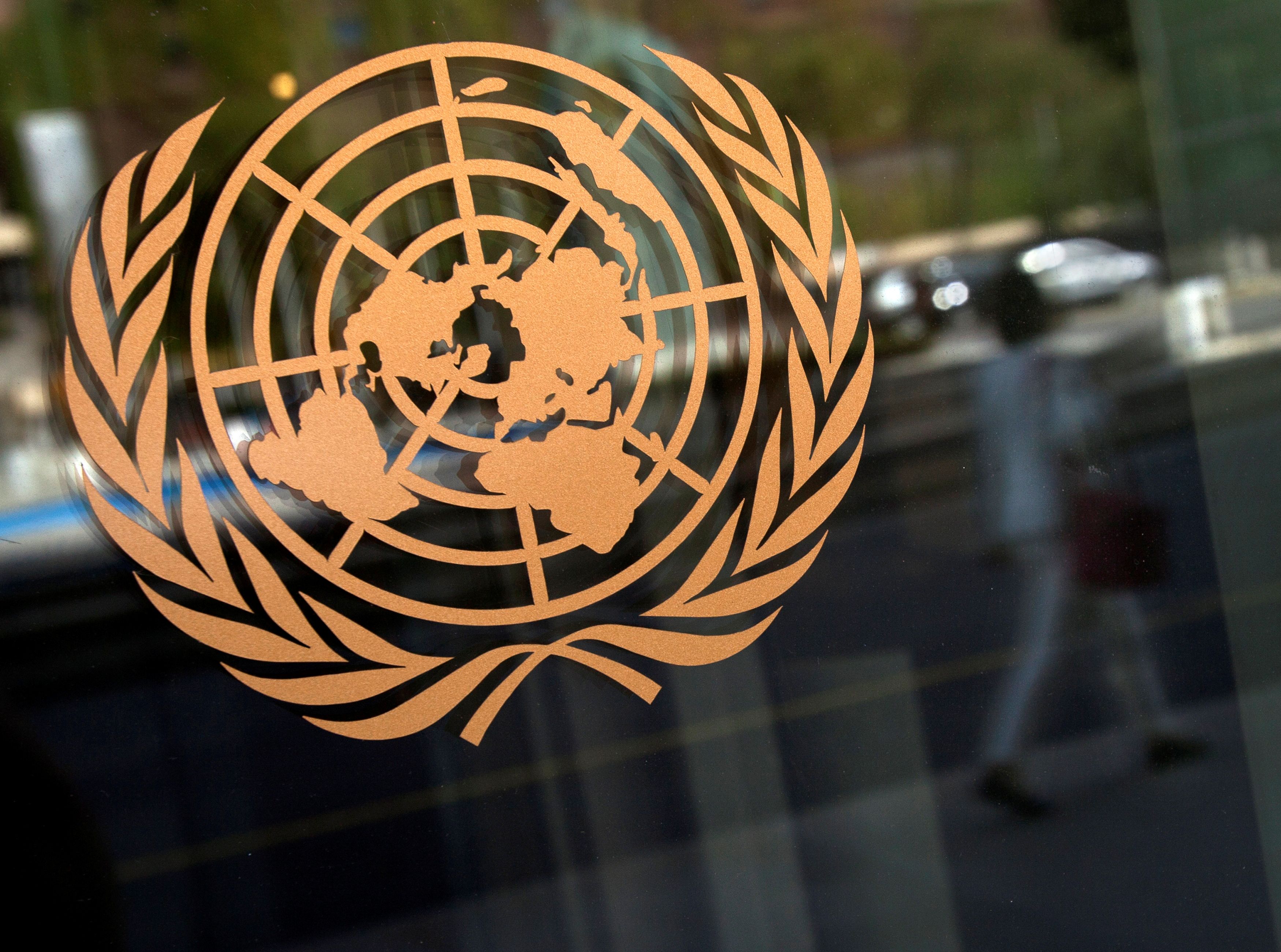 The logo of the United Nations is seen on the outside of the U.N. headquarters in New York