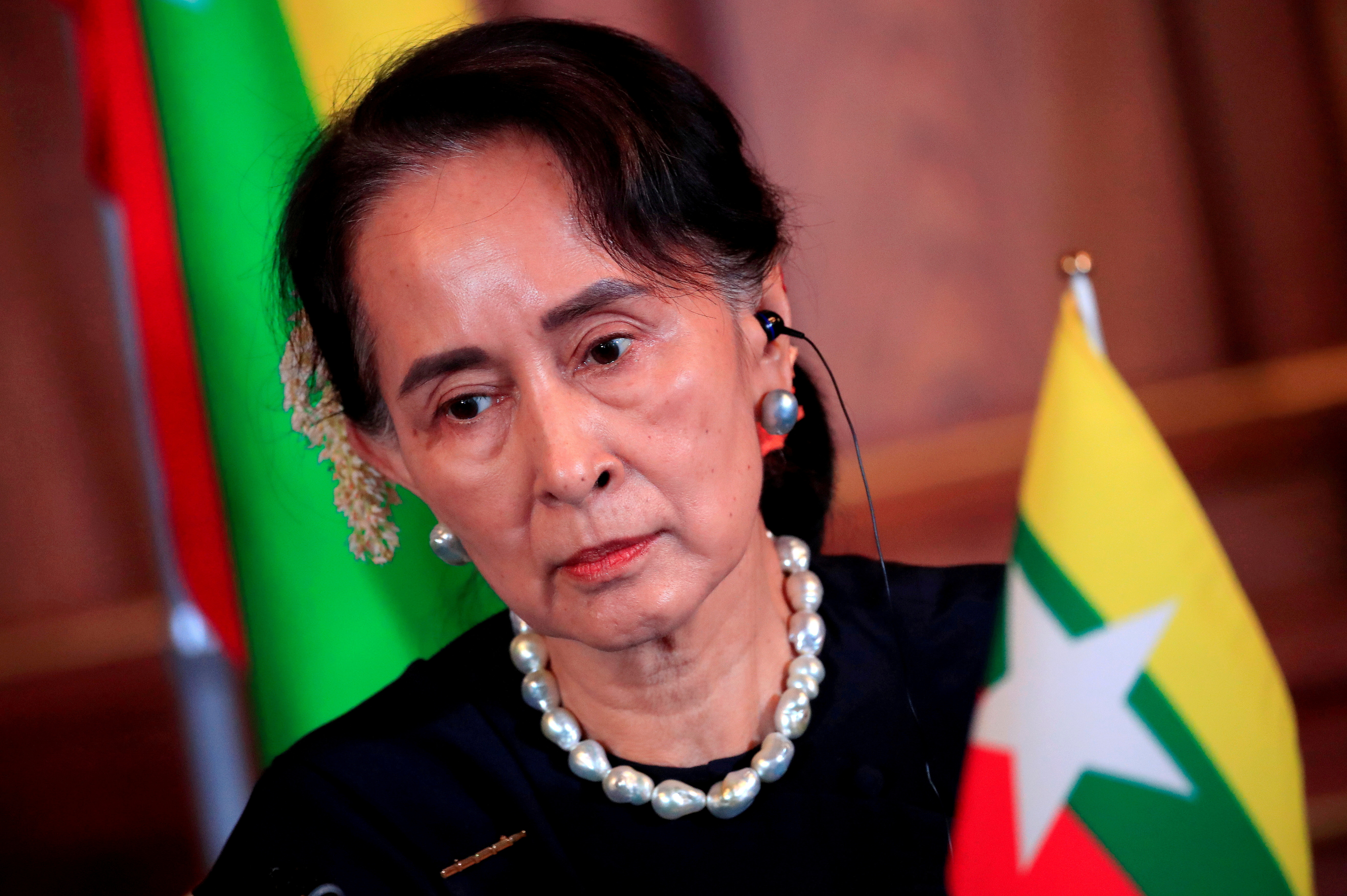 Myanmar's Aung San Suu Kyi attends the joint news conference of the Japan-Mekong Summit Meeting in Tokyo