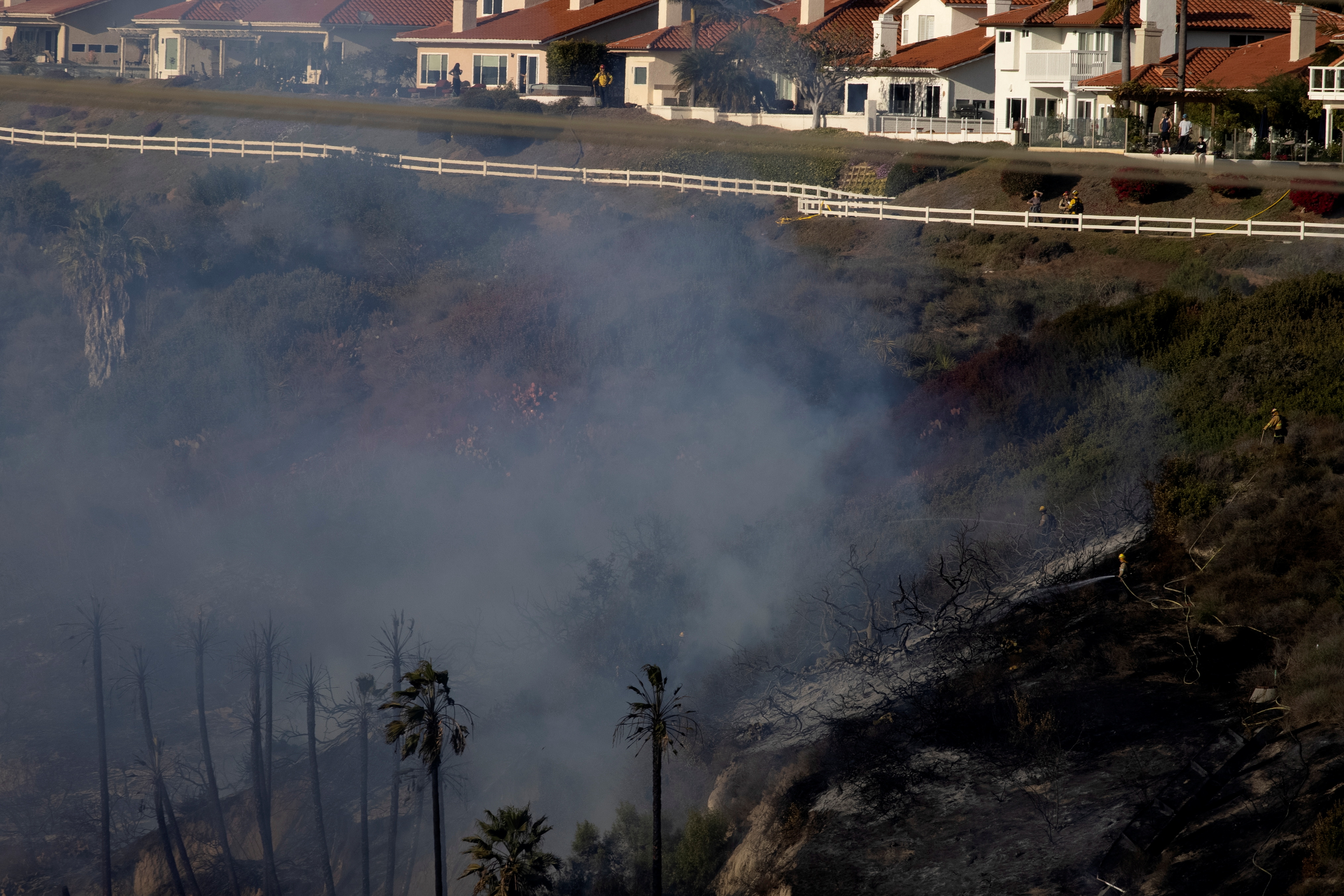 Firefighters battle the wind driven wildfire in Carlsbad, California