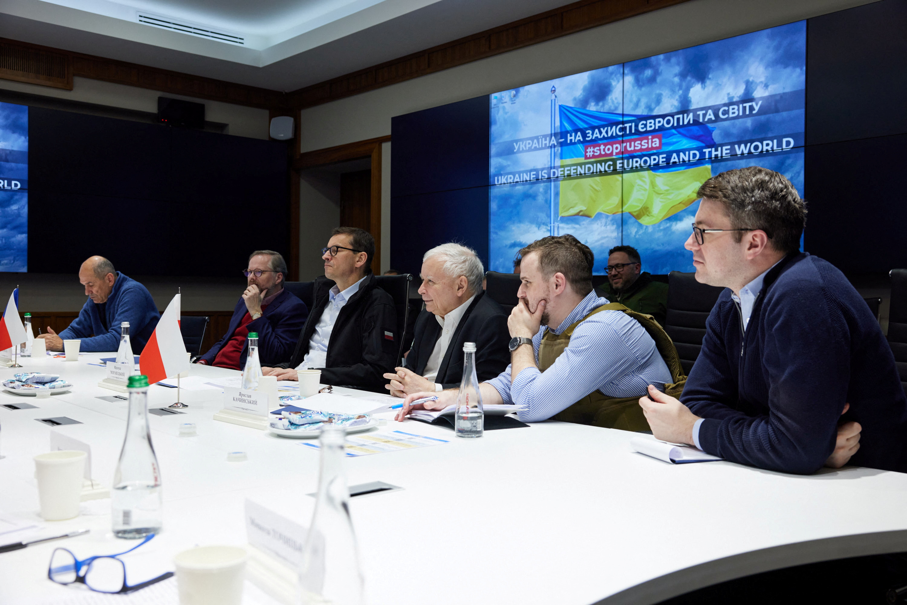 Polish Prime Minister Morawiecki, Deputy Prime Minister Kaczynski, Czech Prime Minister Fiala and Slovenia's Prime Minister Jansa attend a meeting with Ukraine's President Zelenskiy in Kyiv