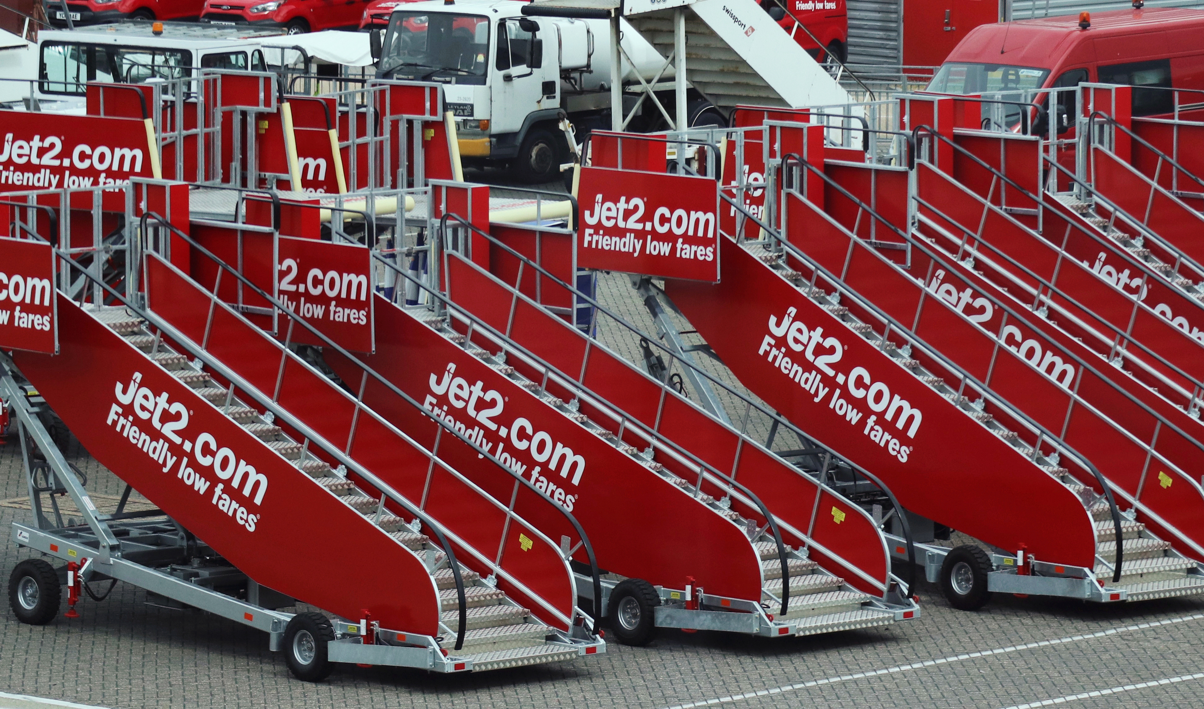 Jet2.com aircraft boarding stairs are stored at Stansted airport in Stansted, Britain