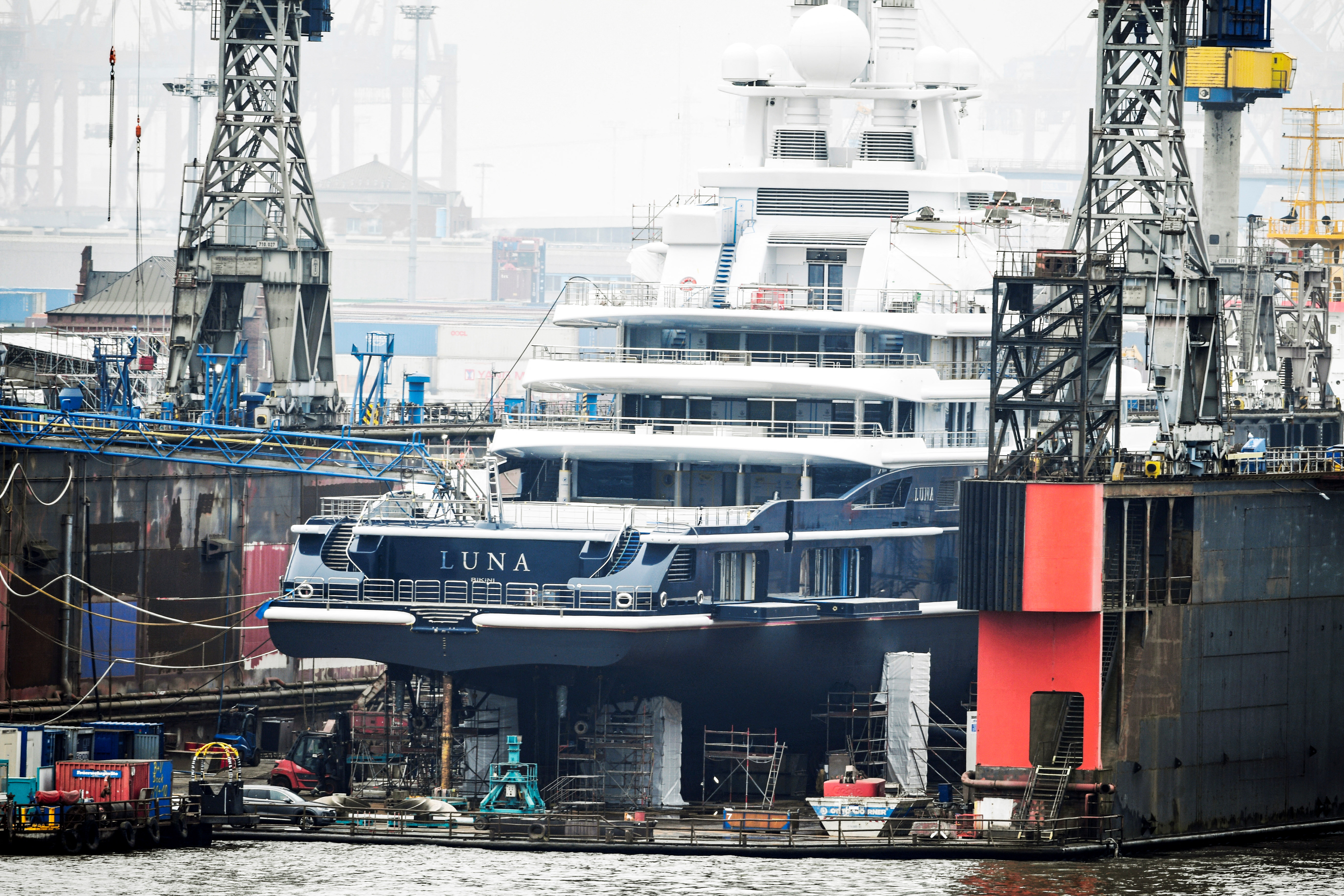 The 115 metre superyacht Luna lies in the Blohm & Voss dock in the harbour, in Hamburg