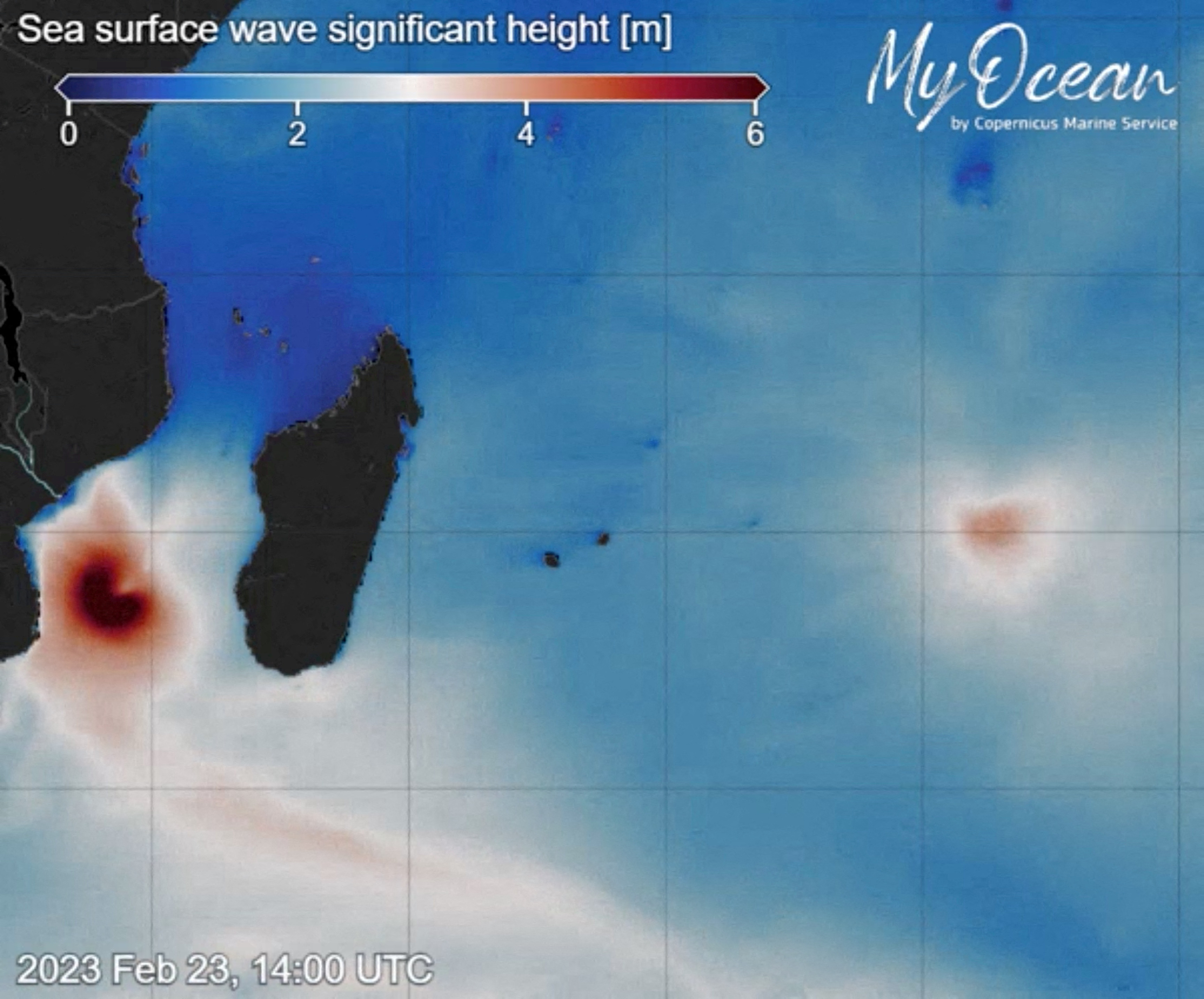 Animation of the height of sea waves produced from Cyclone FreddyÕs path through the Indian ocean