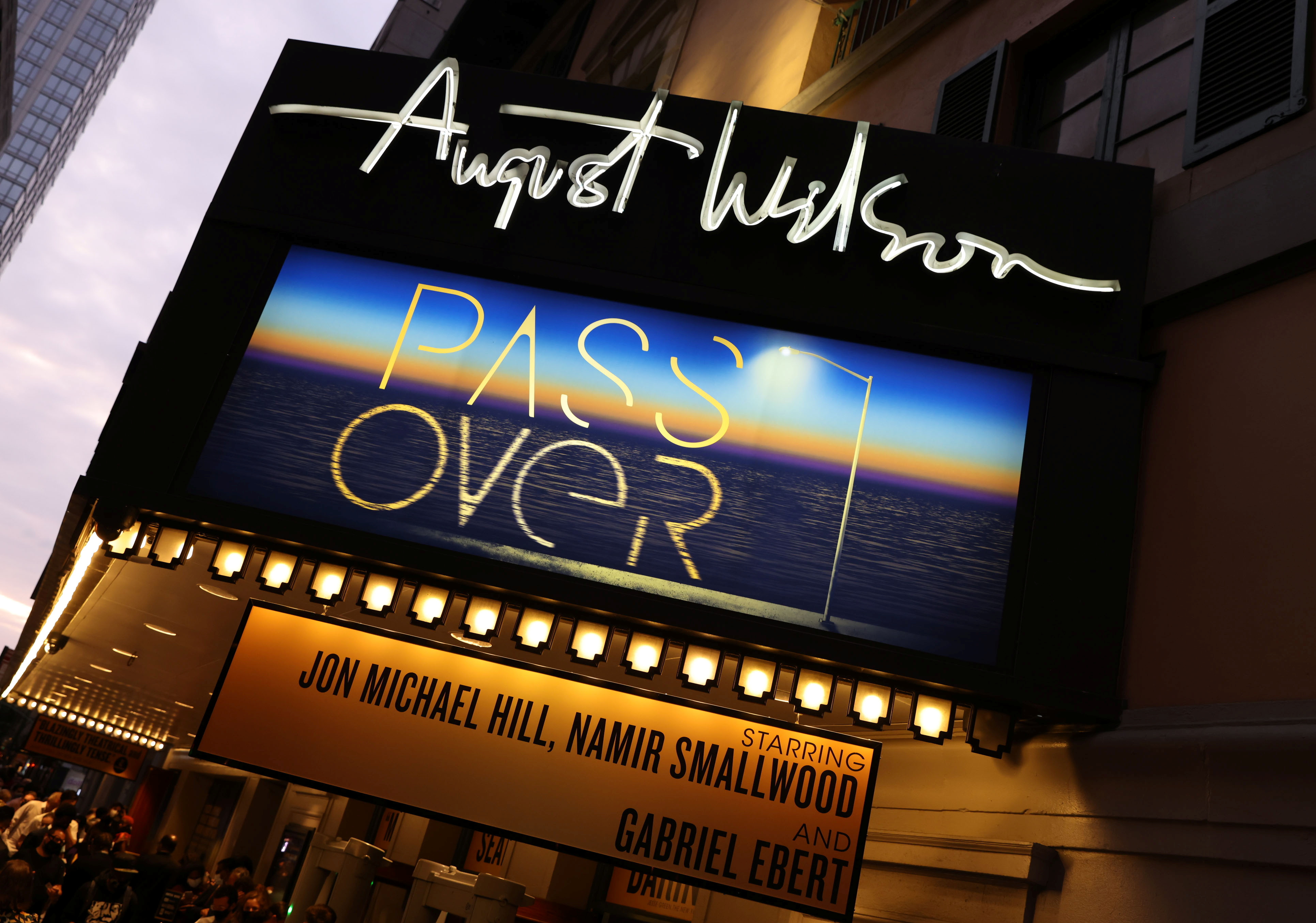 The marquee of August Wilson Theatre on the opening night of previews for 