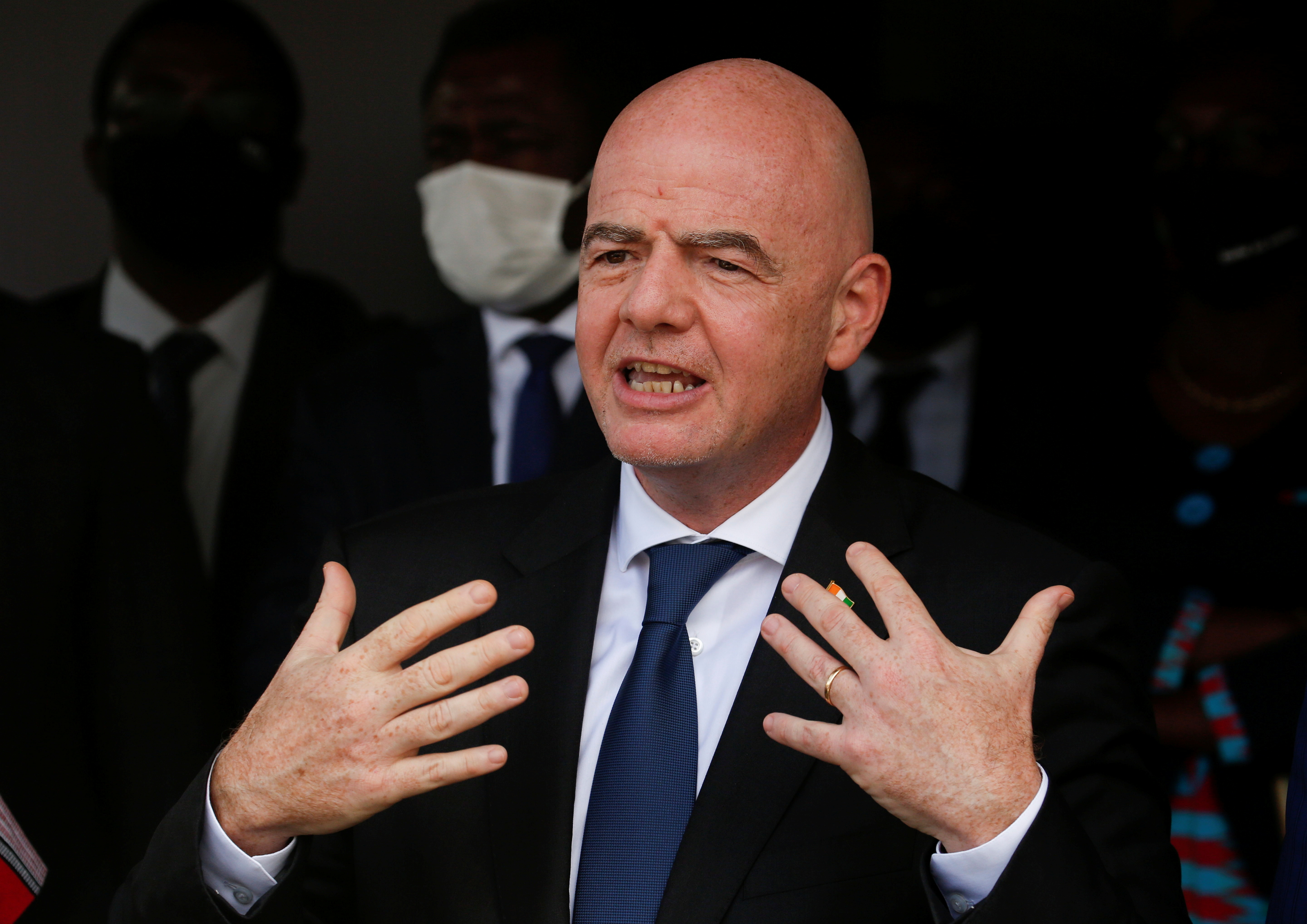 FIFA president Gianni Infantino speaks to journalists during a two days visit with Patrice Motsepe, president of CAF, in Abidjan