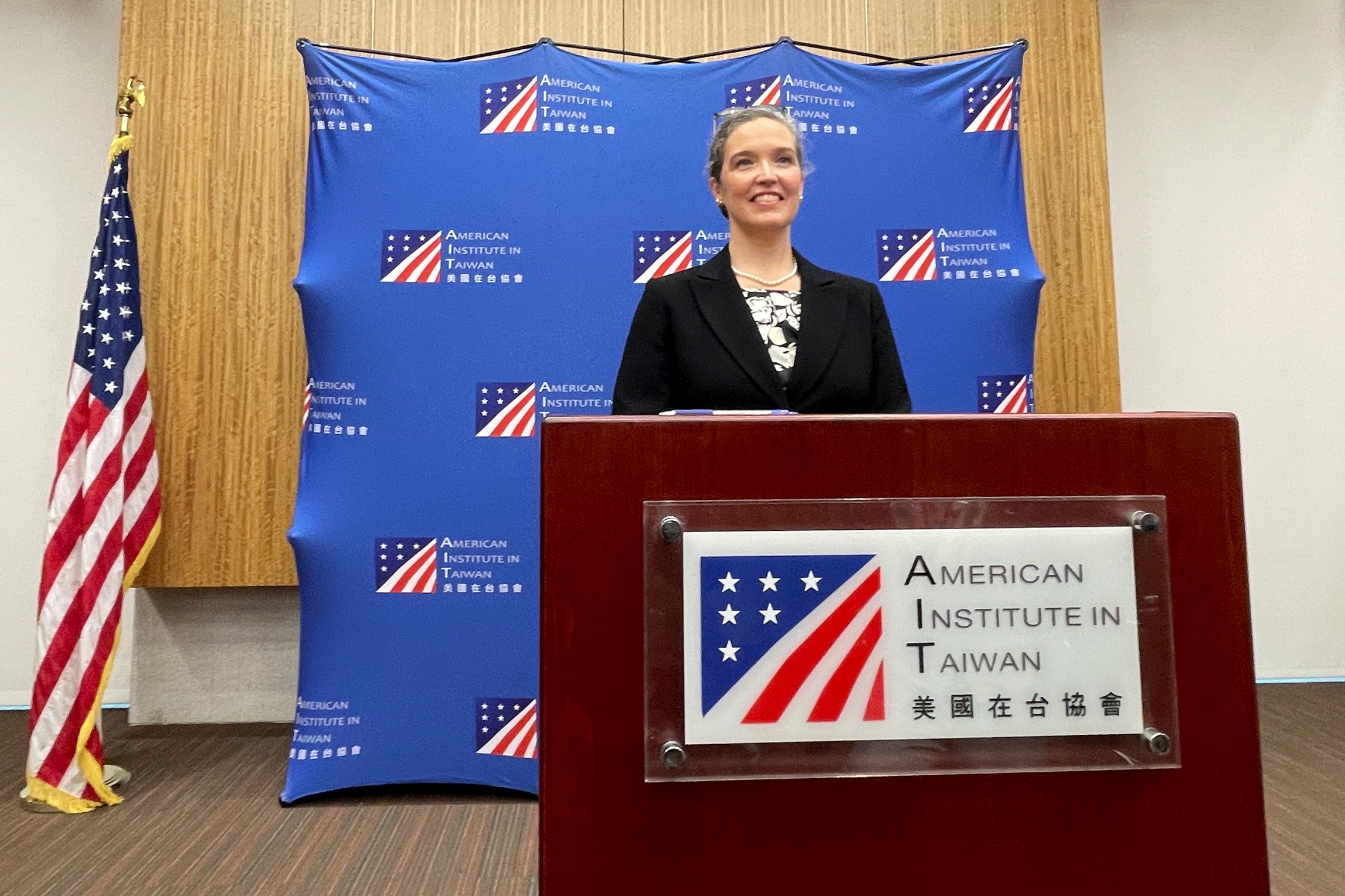 AIT Director Sandra Oudkirk attends a news conference in Taipei