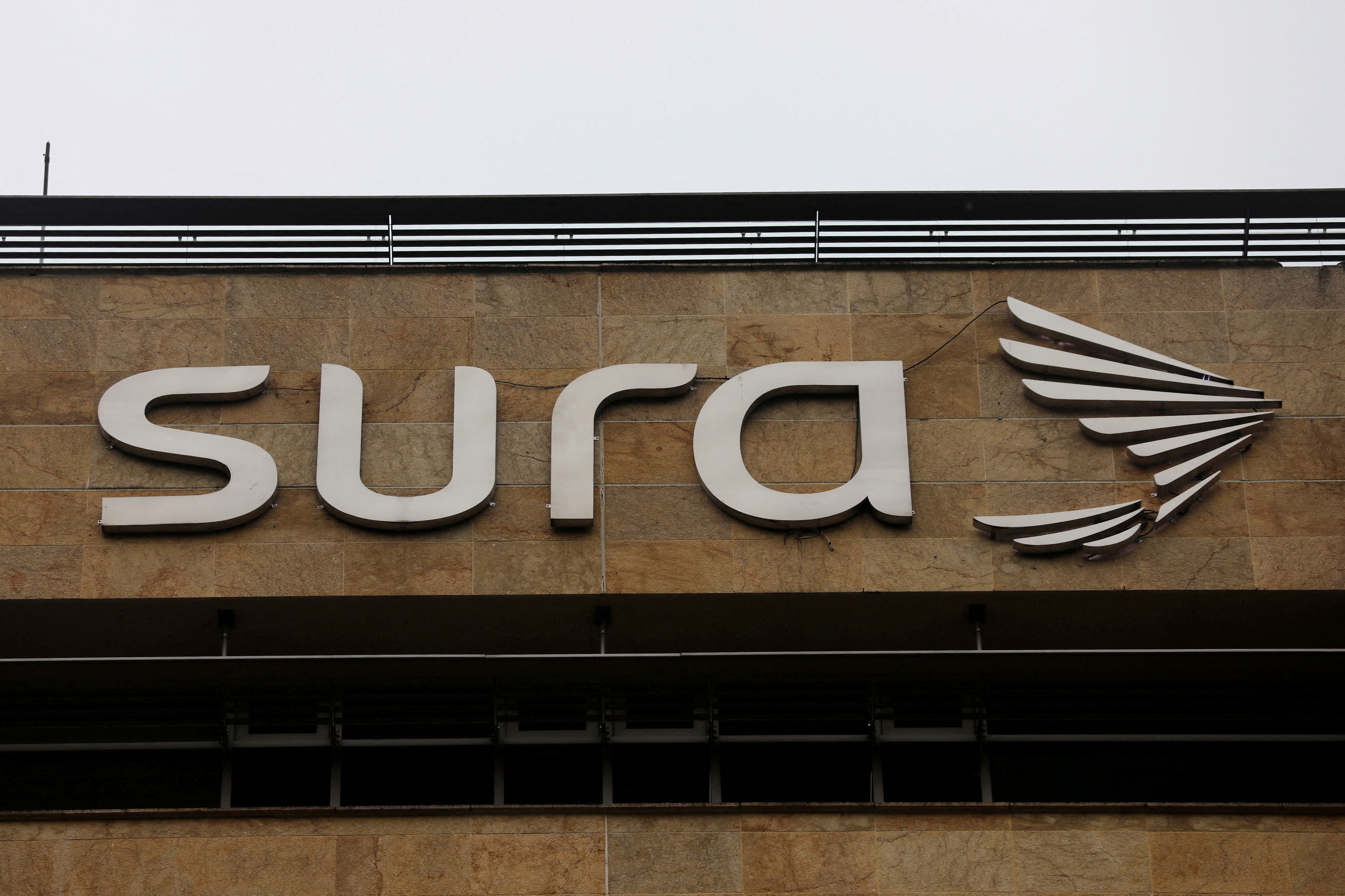 The Grupo Sura logo is seen at its headquarters in Medellin
