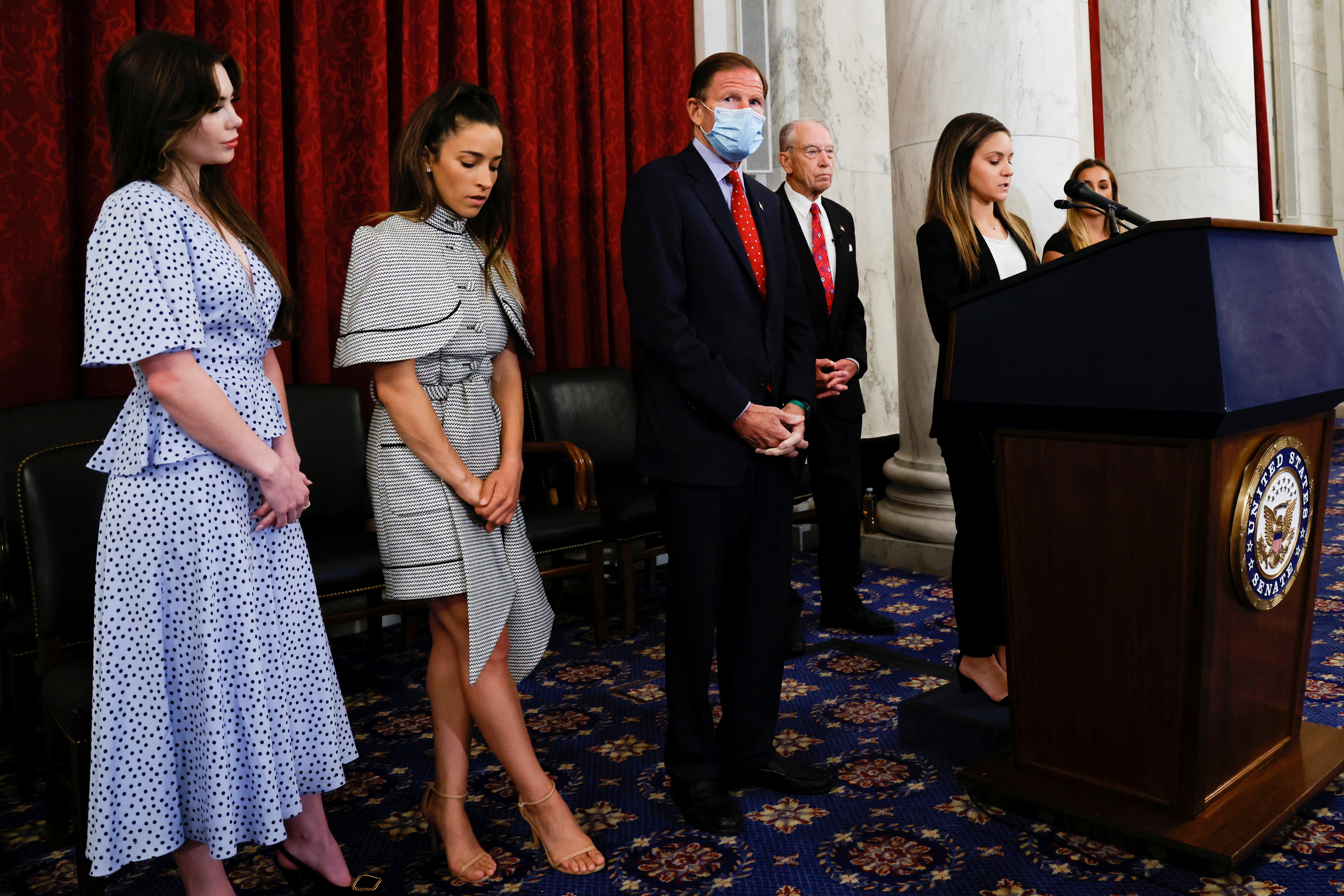After their day of testimony before the Senate Judiciary Committee gymnasts Maroney, Raisman, Lorincz and Nichols participate in a news conference on Capitol Hill in Washington