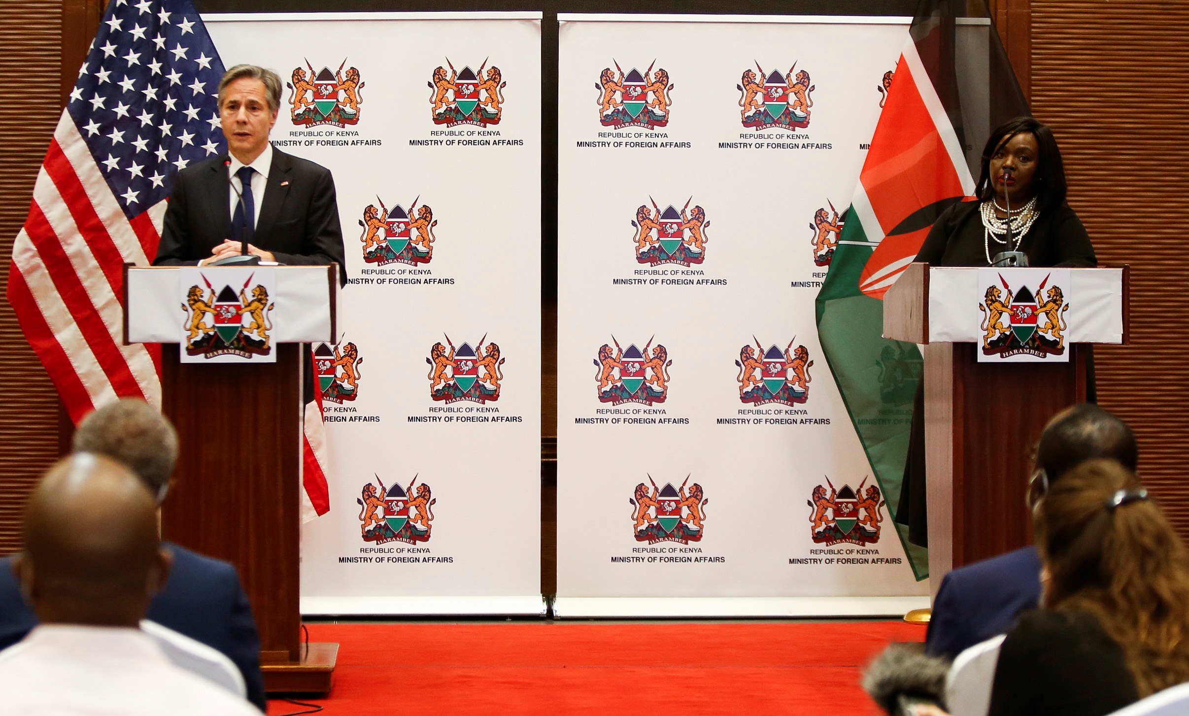 U.S. Secretary of State Antony Blinken and Kenya's Cabinet Secretary for Foreign Affairs Raychelle Omamo address a joint a news conference in Nairobi