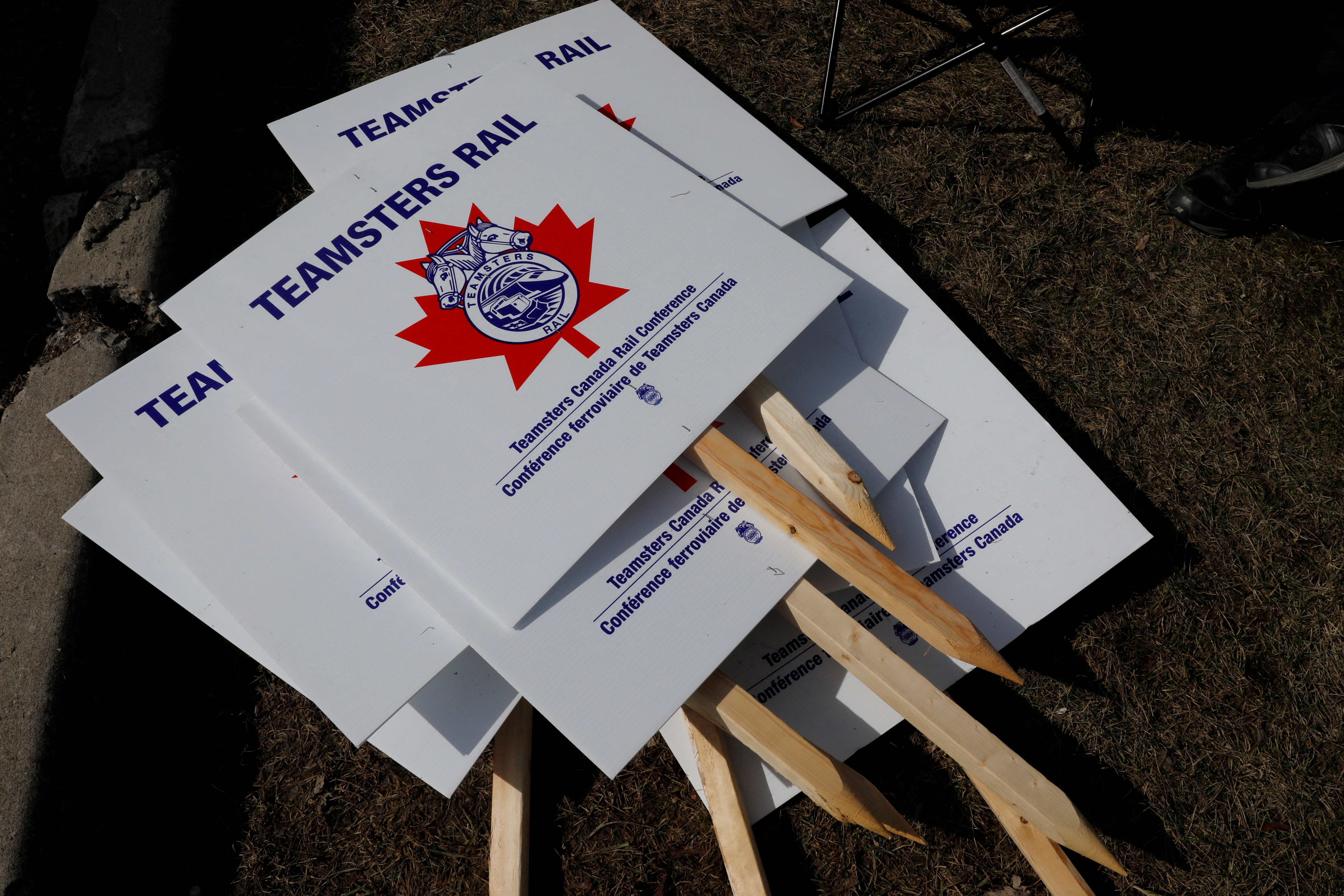 Teamsters union picket signs are shown in Toronto in 2022