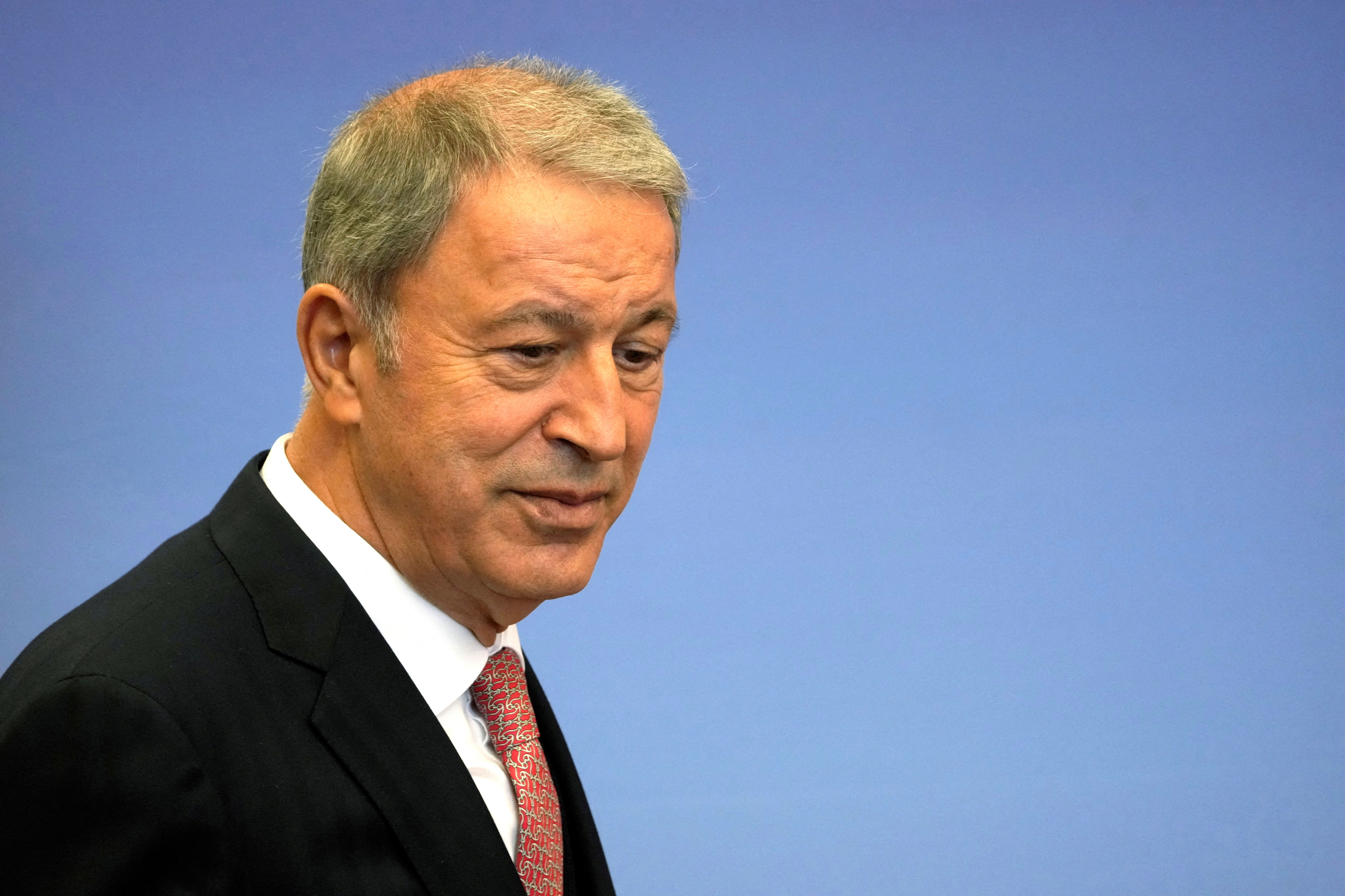 Turkish Defence Minister Akar attends a news conference in Riga