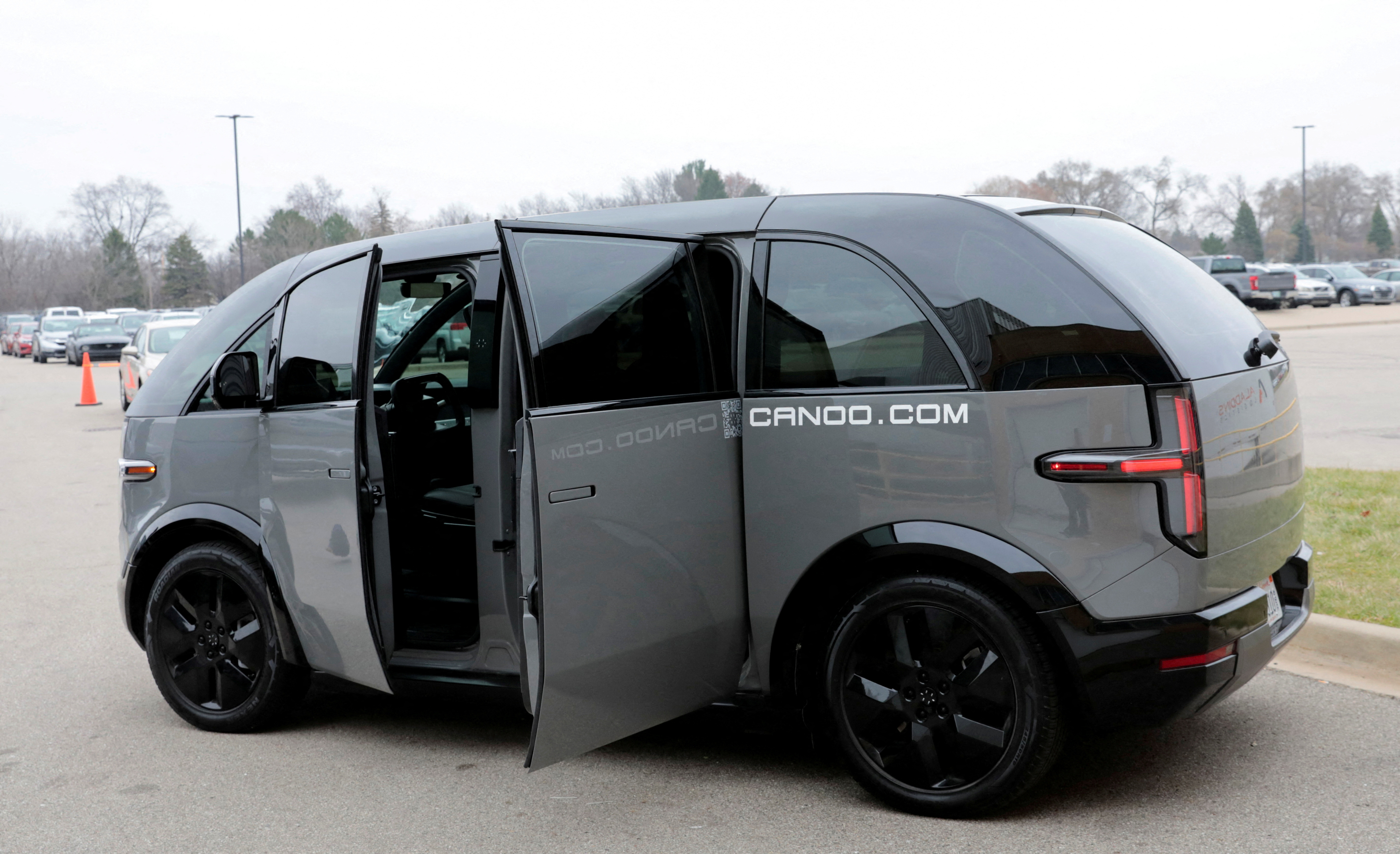 A general view shows a Canoo LV (Lifestyle Vehicle) electric vehicle outside a manufacturing site