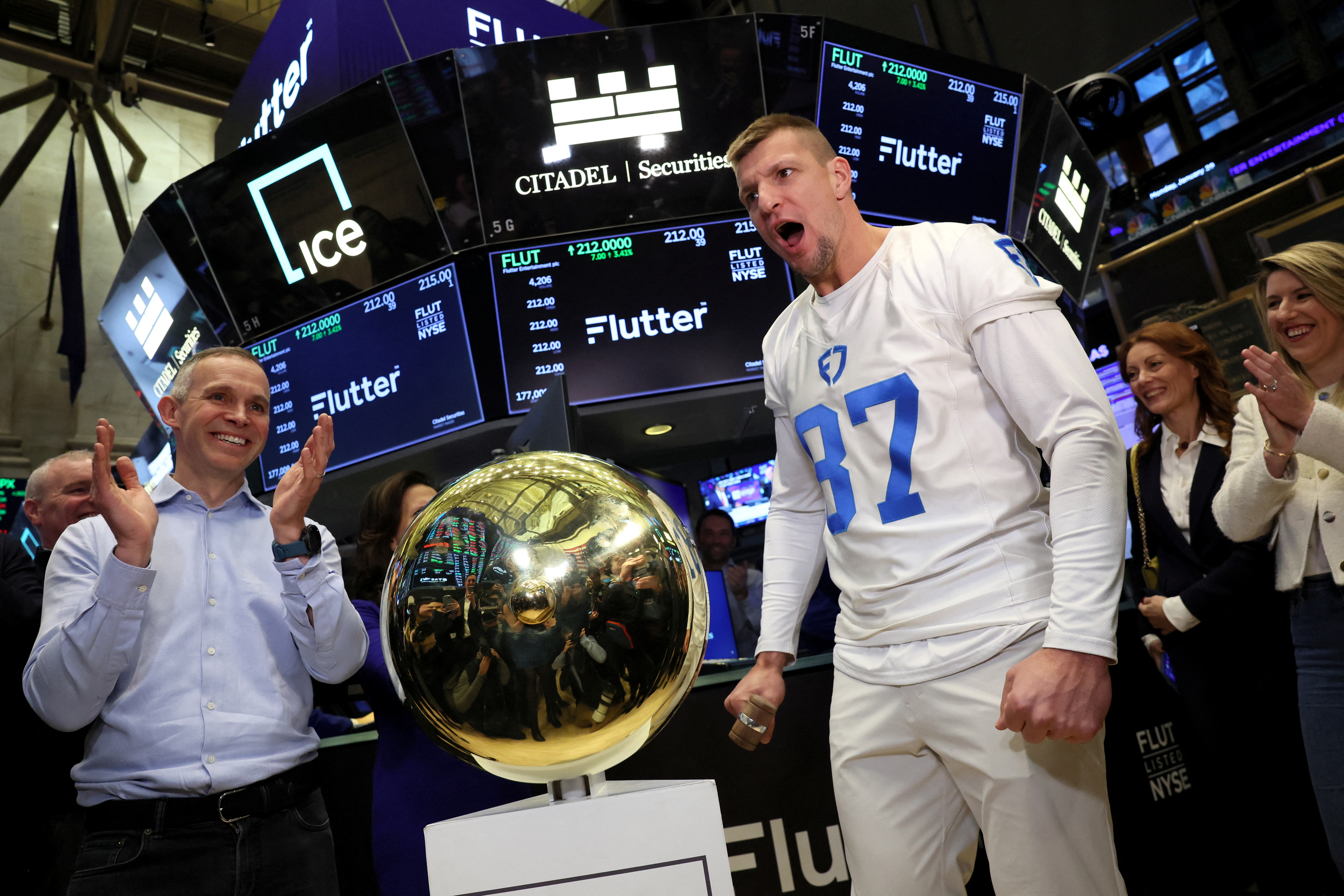 Peter Jackson, CEO of Flutter Entertainment,and Rob Gronkowski attend Flutter listing at the NYSE in New York