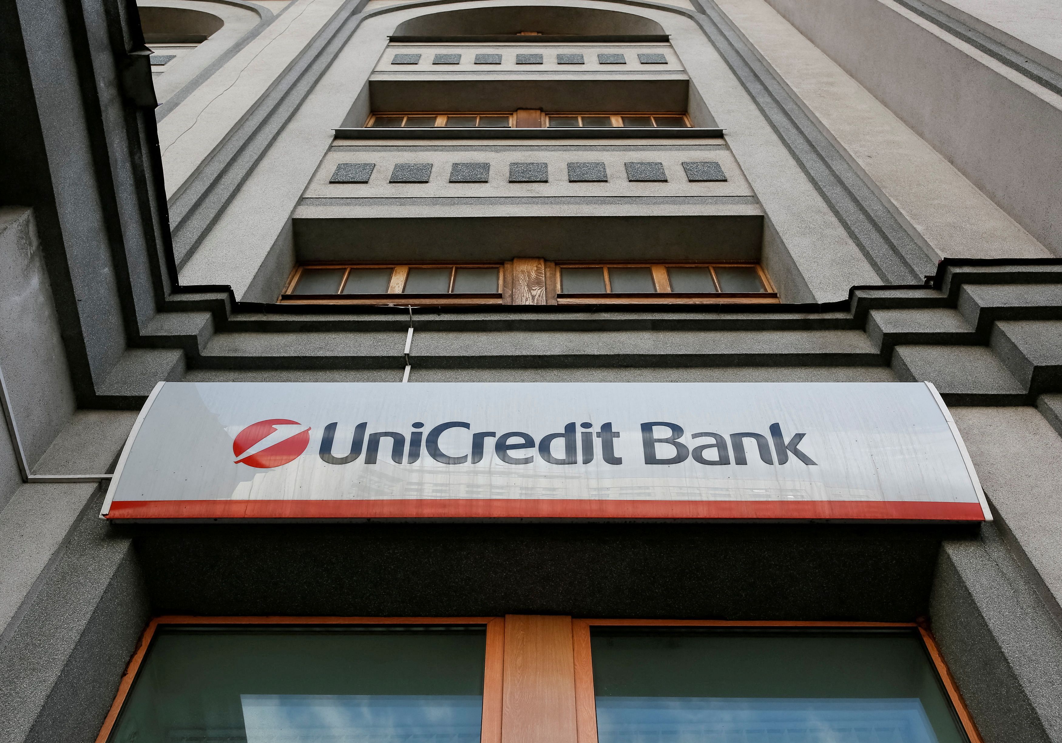A UniCredit sign at one of the bank's branches in Kiev