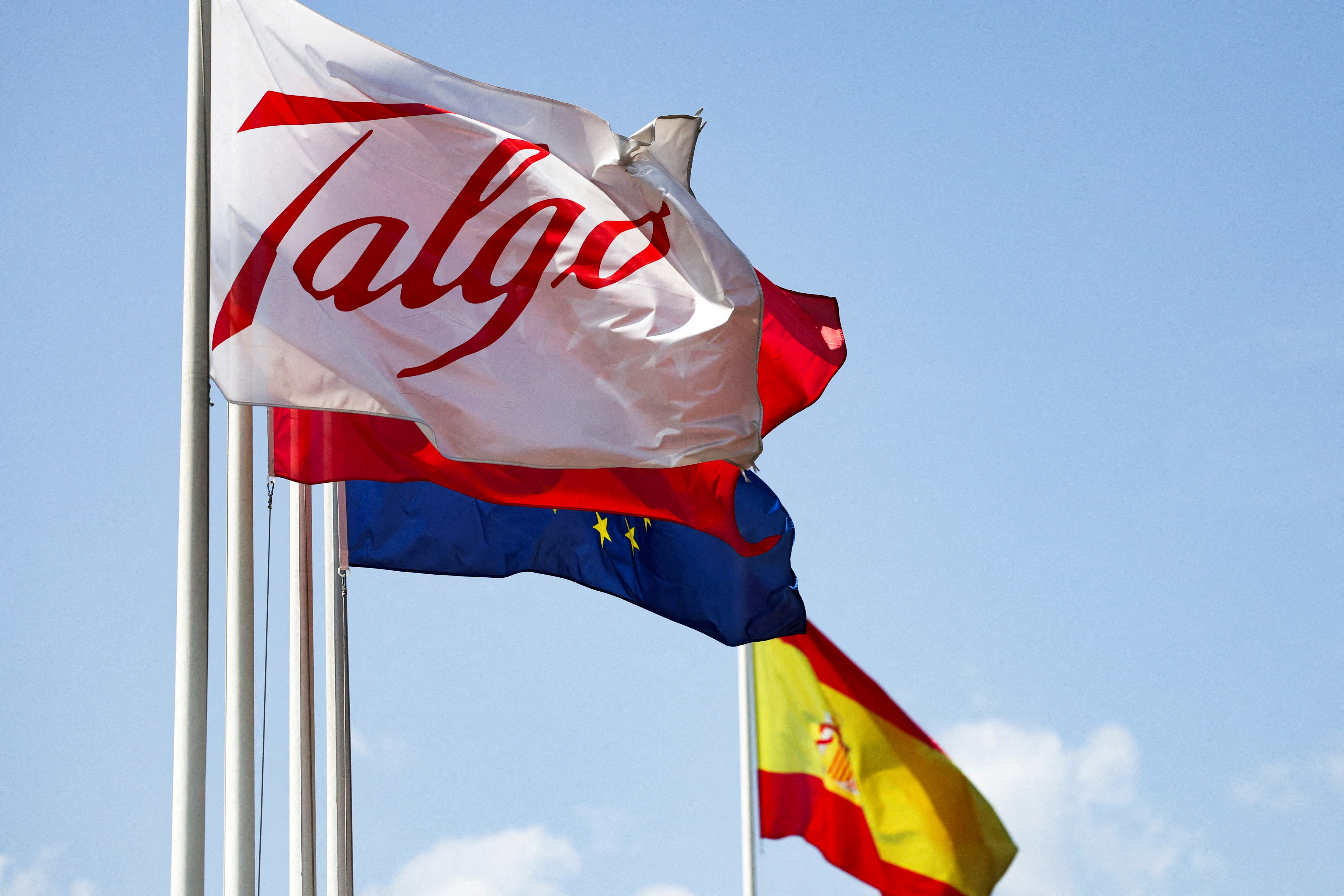 A flag with the logo of Spanish train manufacturer Talgo