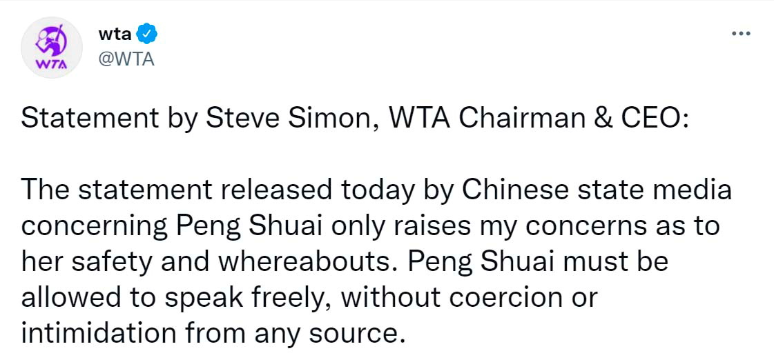 WTA tweets the reaction of Women's Tennis Association (WTA) Chairman and CEO Steve Simon regarding Peng Shuai's email, which was shared by CGTN on Twitter, in this screengrab obtained via social media on November 18, 2021. WTA/Twitter via REUTERS 
