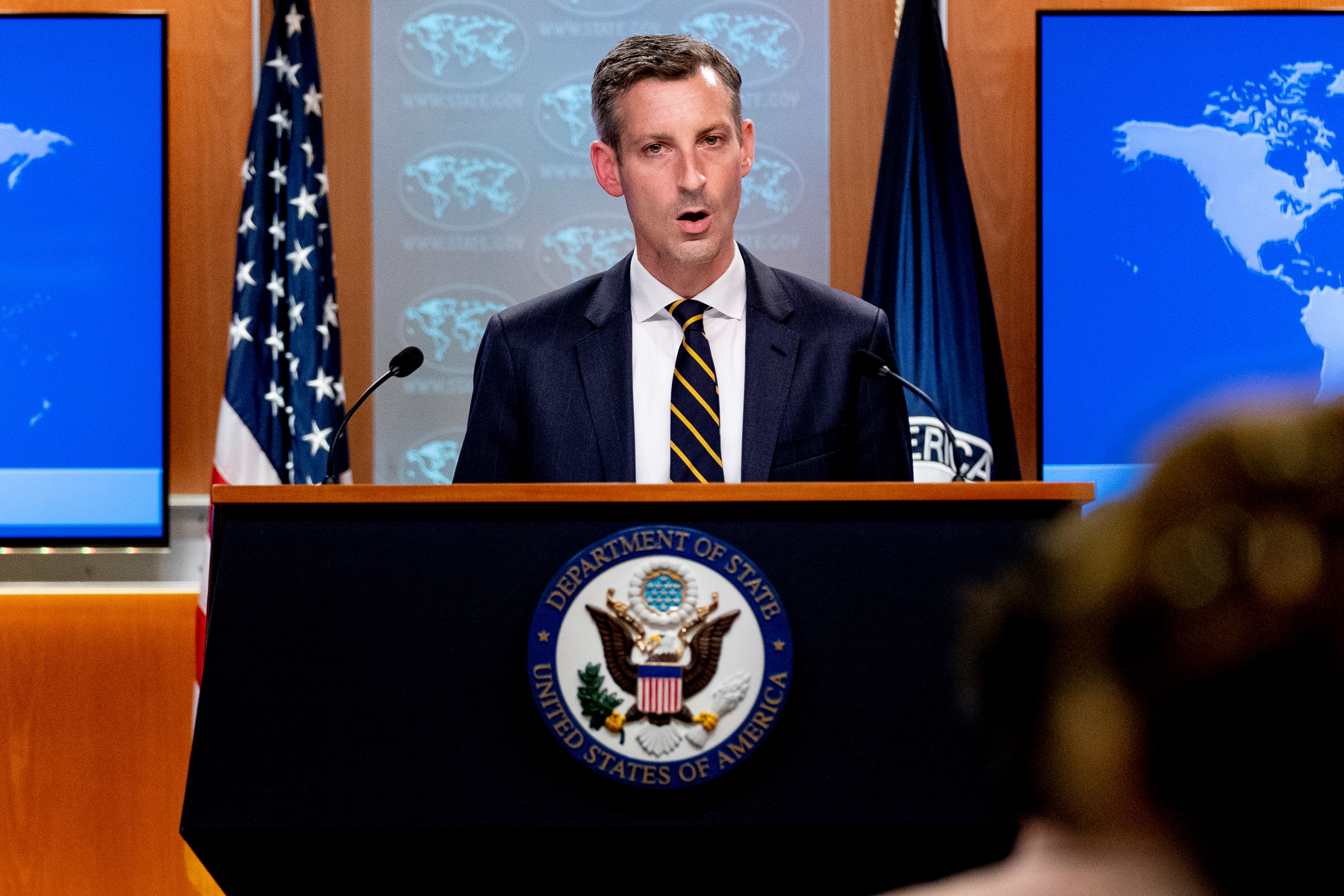 State Department spokesman Ned Price speaks on the situation in Afghanistan at the State Department in Washington, DC, U.S. August 18, 2021. Andrew Harnik/Pool via REUTERS