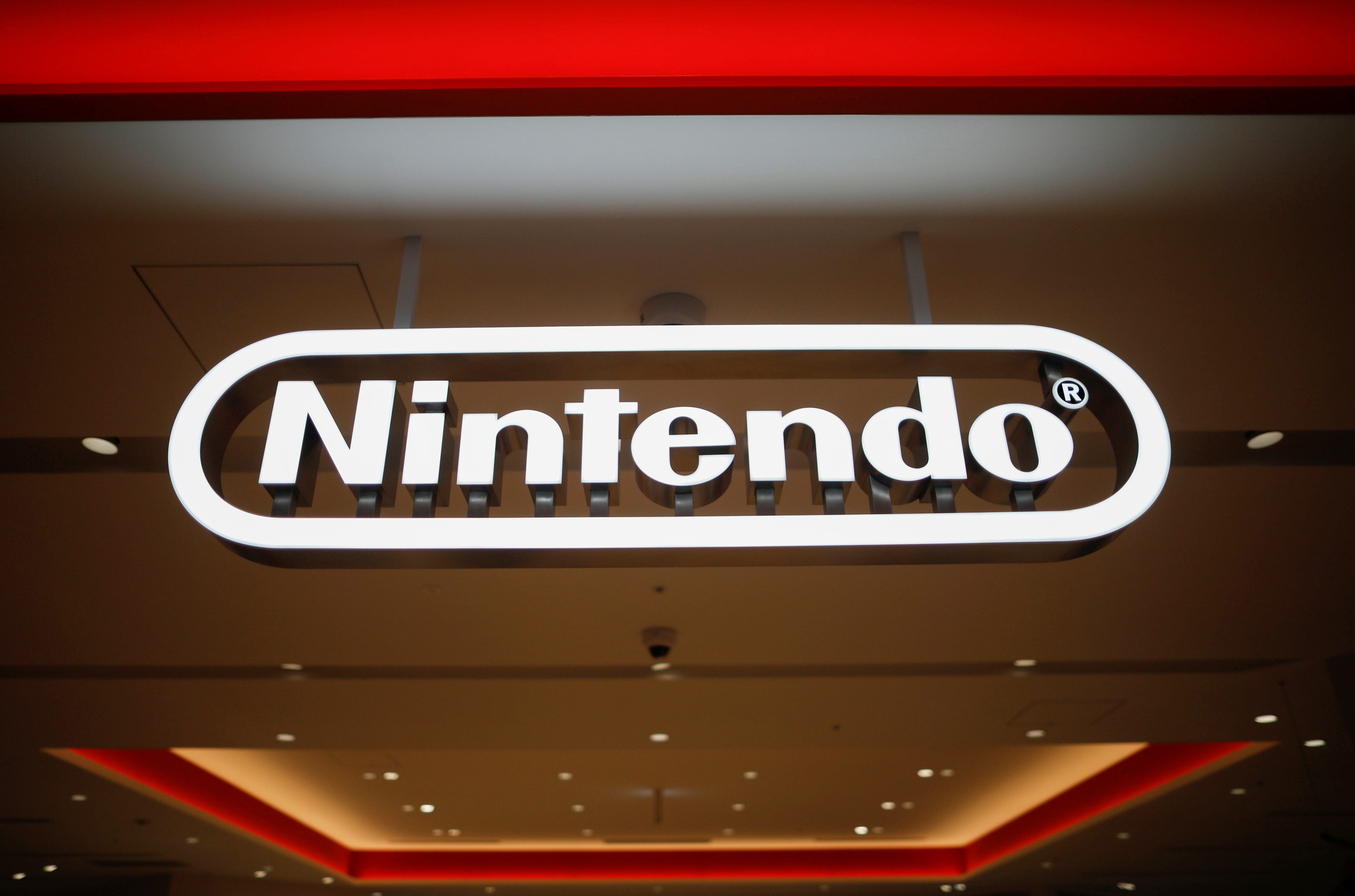 The logo of the Nintendo is displayed at Nintendo Tokyo, the first-ever Nintendo official store in Japan, during a press preview in Tokyo