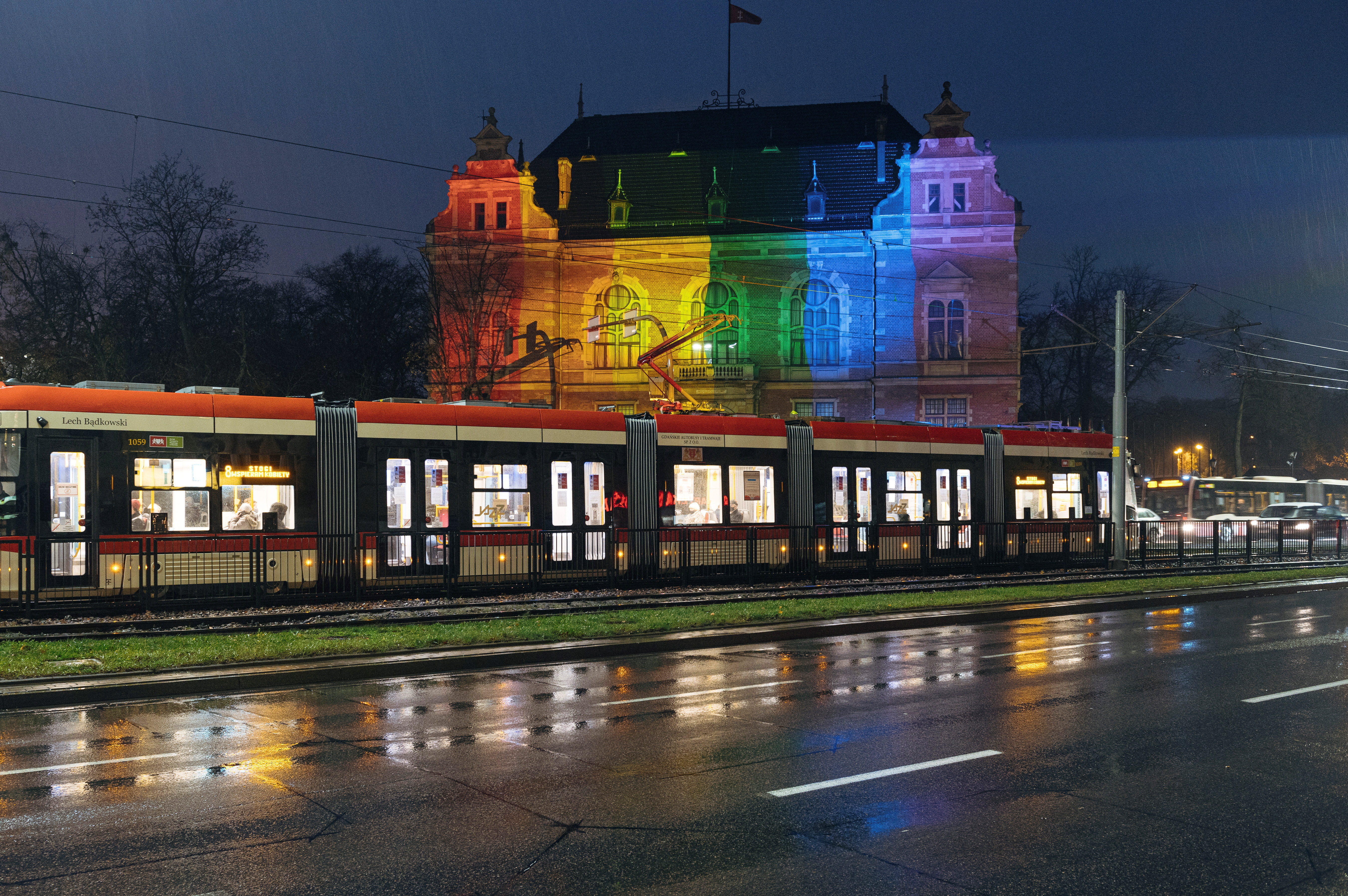 New Town Hall is illuminated in rainbow colours in a gesture of solidarity with the LGBT community during International Day of Tolerance in Gdansk, Poland, November 16, 2020. Bartosz Banka/Agencja Gazeta/via REUTERS/Files