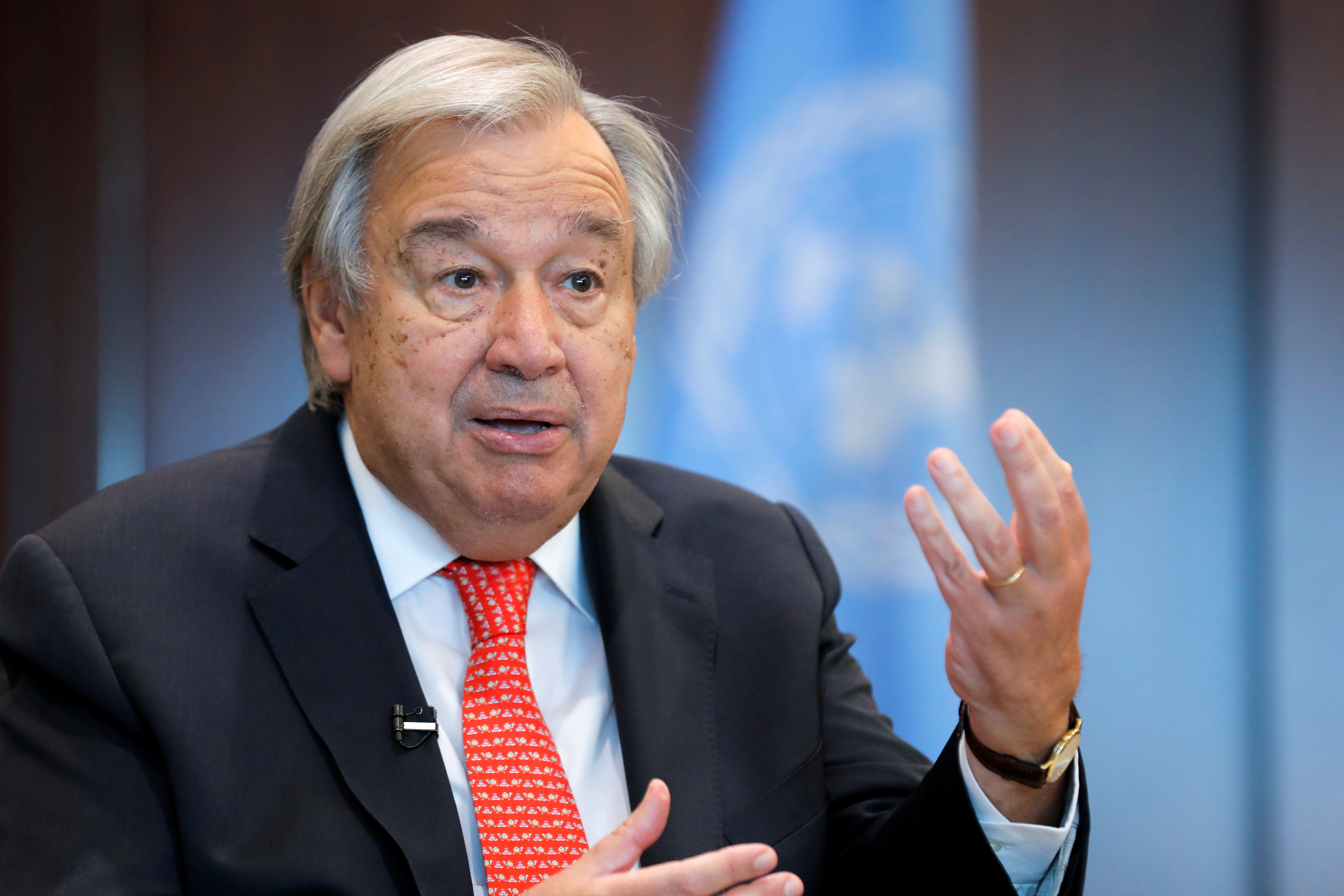 United Nations Secretary-General Antonio Guterres gestures during an interview with Reuters in New York