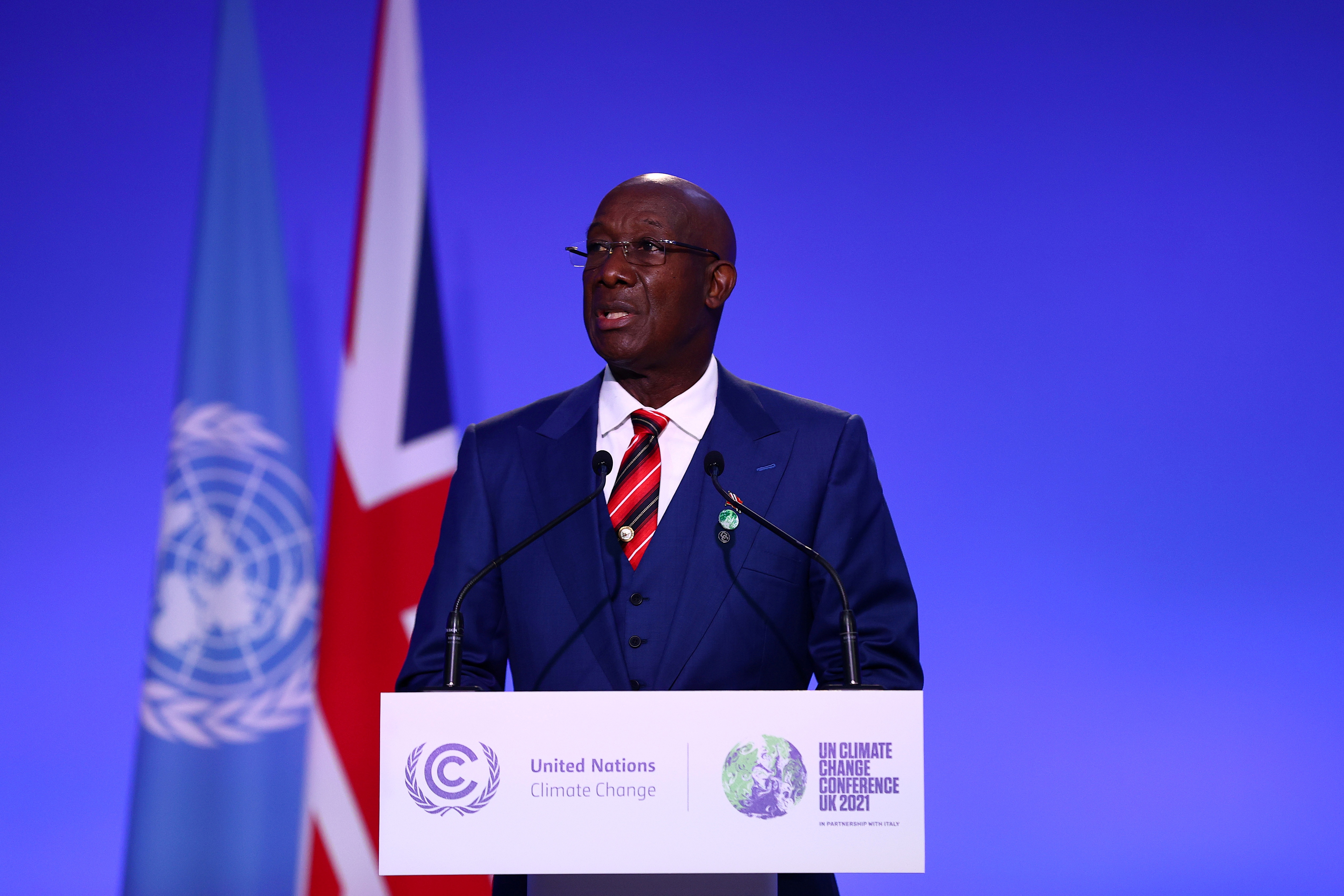 Trinidad and Tobago's Prime Minister Keith Rowley speaks during the UN Climate Change Conference (COP26) in Glasgow, Scotland, Britain, November 2, 2021. Adrian Dennis/Pool via REUTERS