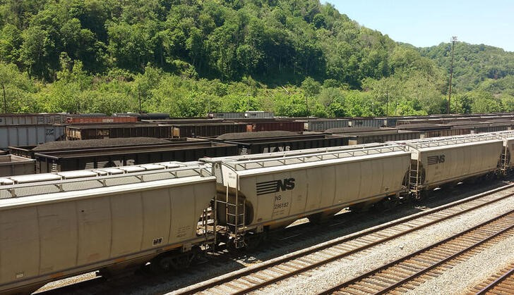 Coal trains approach Norfolk Southern's Williamson rail yard in Williamson, West Virginia