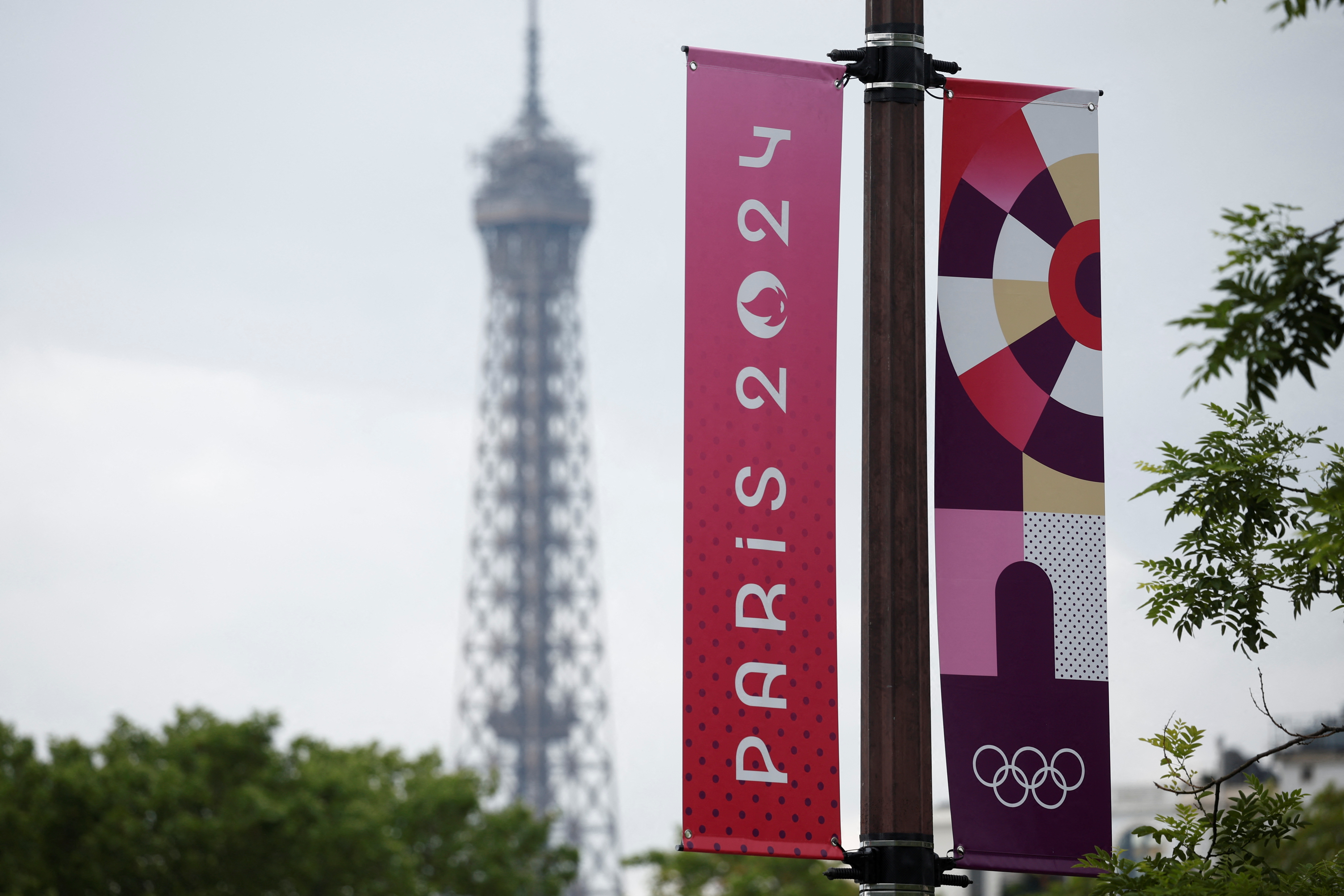 Olympic signage is displayed ahead of the Paris 2024 Olympic games in Paris